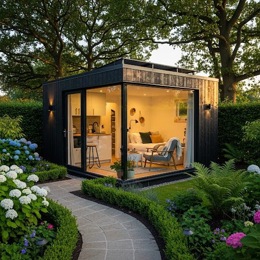 Modern garden room with large windows, surrounded by greenery and blooming flowers.