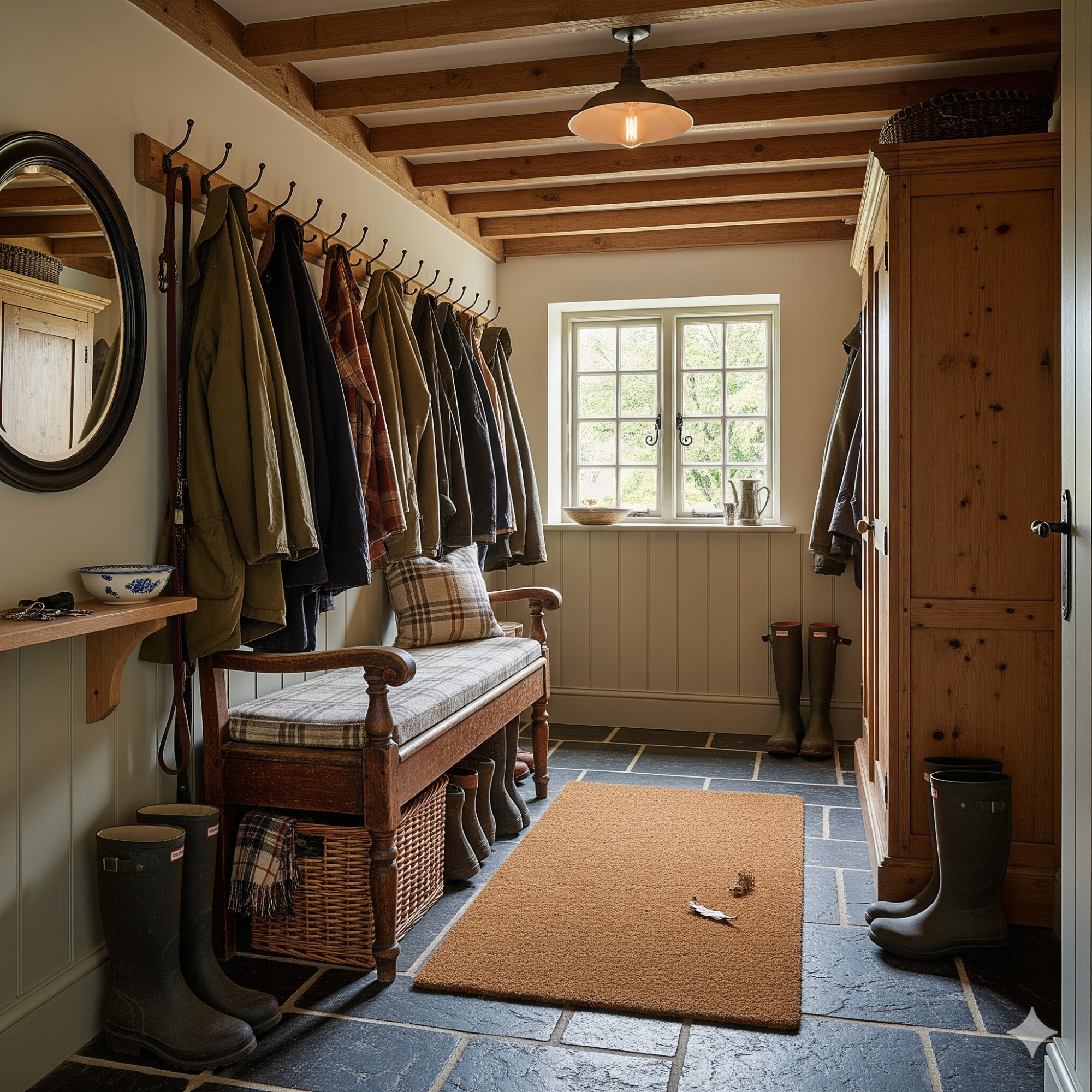 Traditional Country & Farmhouse A warm, rustic hallway with coats hanging, a wooden bench, and a stone floor.