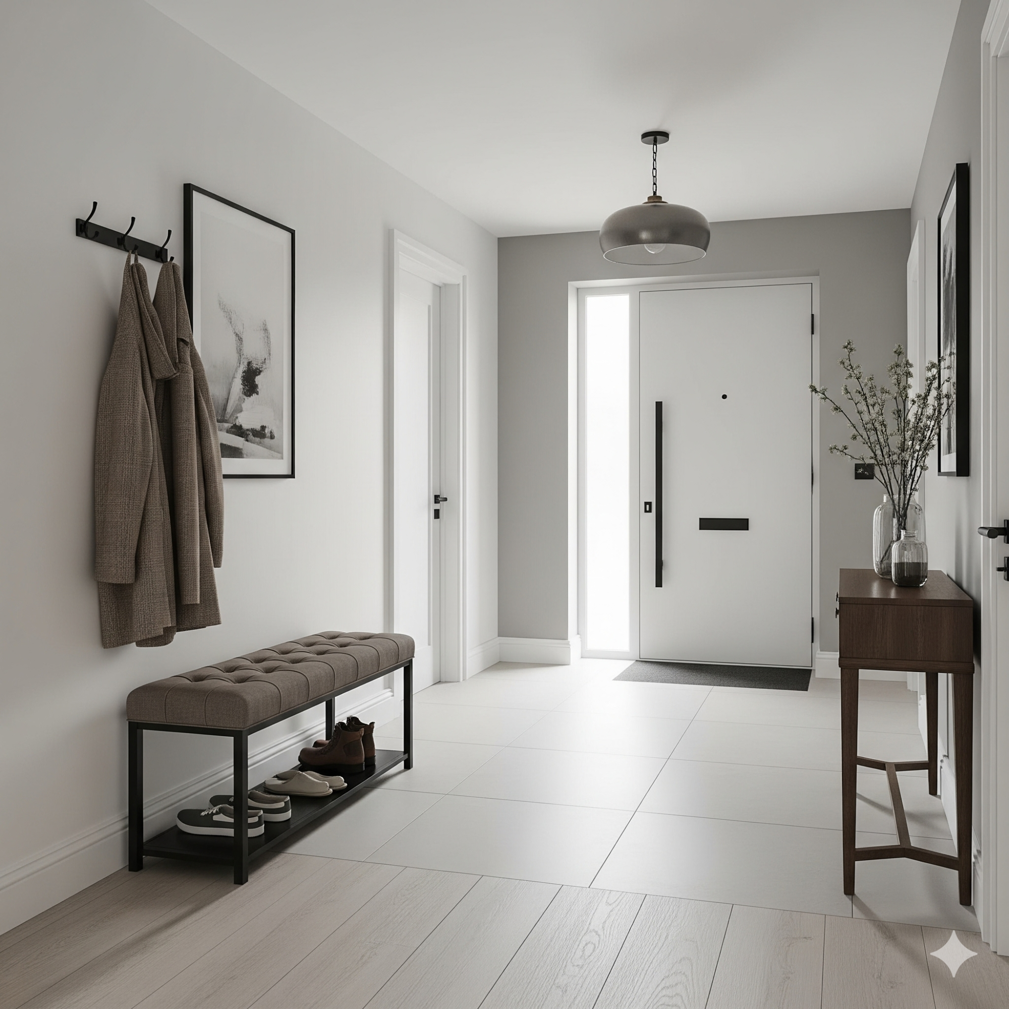 Modern & Minimalist Modern hallway with a bench, coat hooks, and light from an open front door.