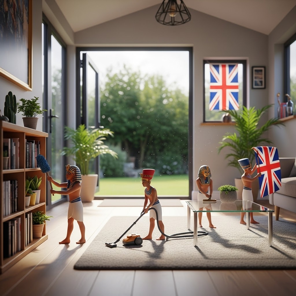 Garden Annexe Children cleaning and organizing a bright room decorated with British flags and plants.