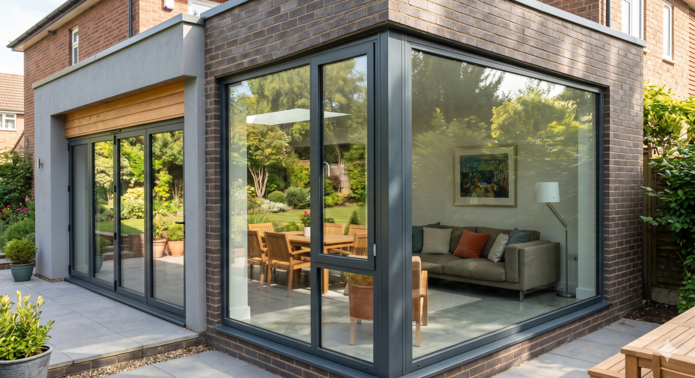 Anthracite Grey Aluminium Modern house extension with large glass windows overlooking a garden and furnished interior.