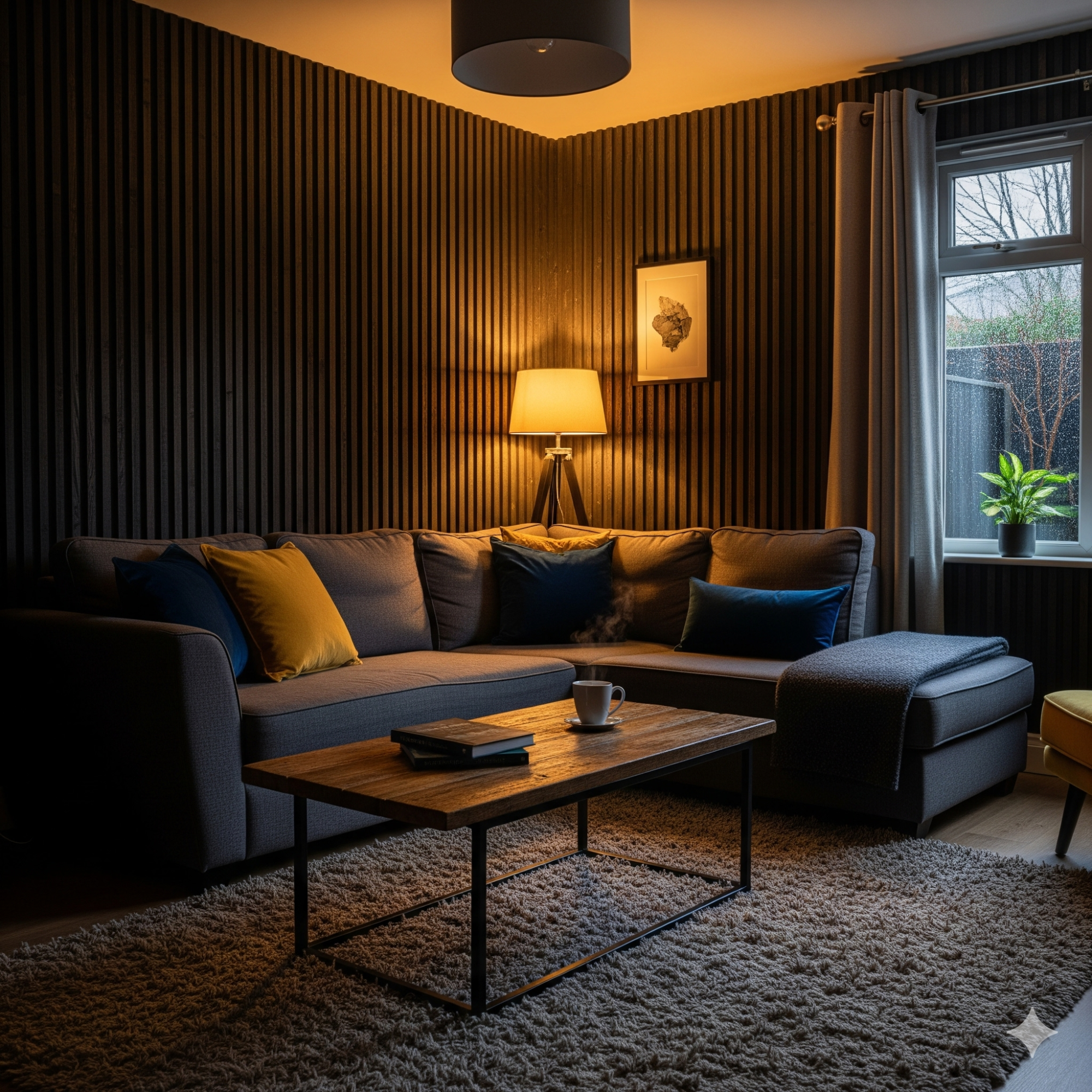 Acoustic Panelling Cozy living room with a sofa, table, lamp, and a plant by the window.