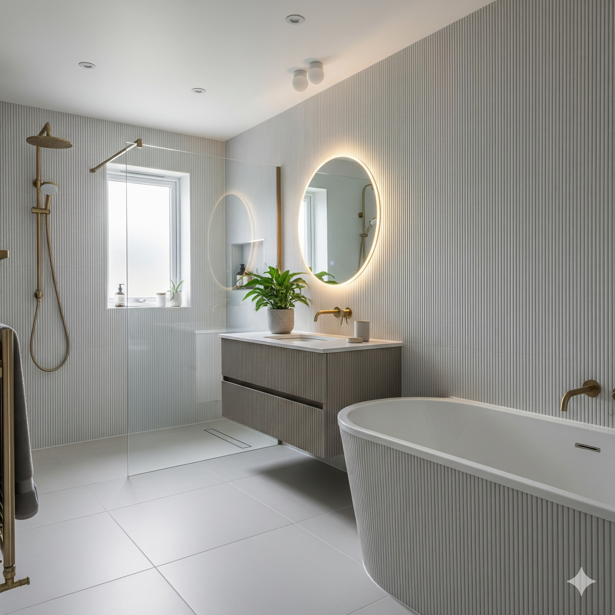 Fluted and Ribbed Surfaces Modern bathroom featuring a freestanding tub, mirrored lighting, and sleek cabinetry.