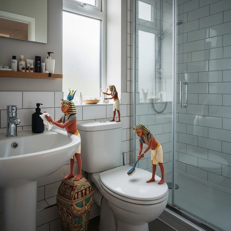 UK En-Suite Three cartoonish figures dressed as ancient Egyptians interact with bathroom fixtures.