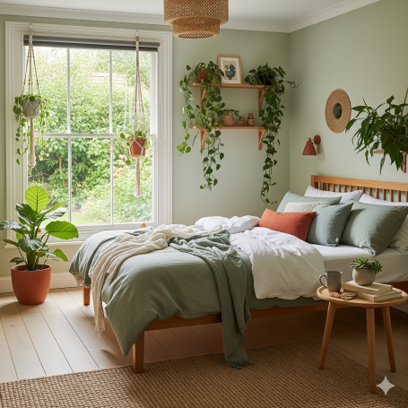 UK bedroom A stylish bedroom with green walls, plants, and a double bed with neutral bedding.