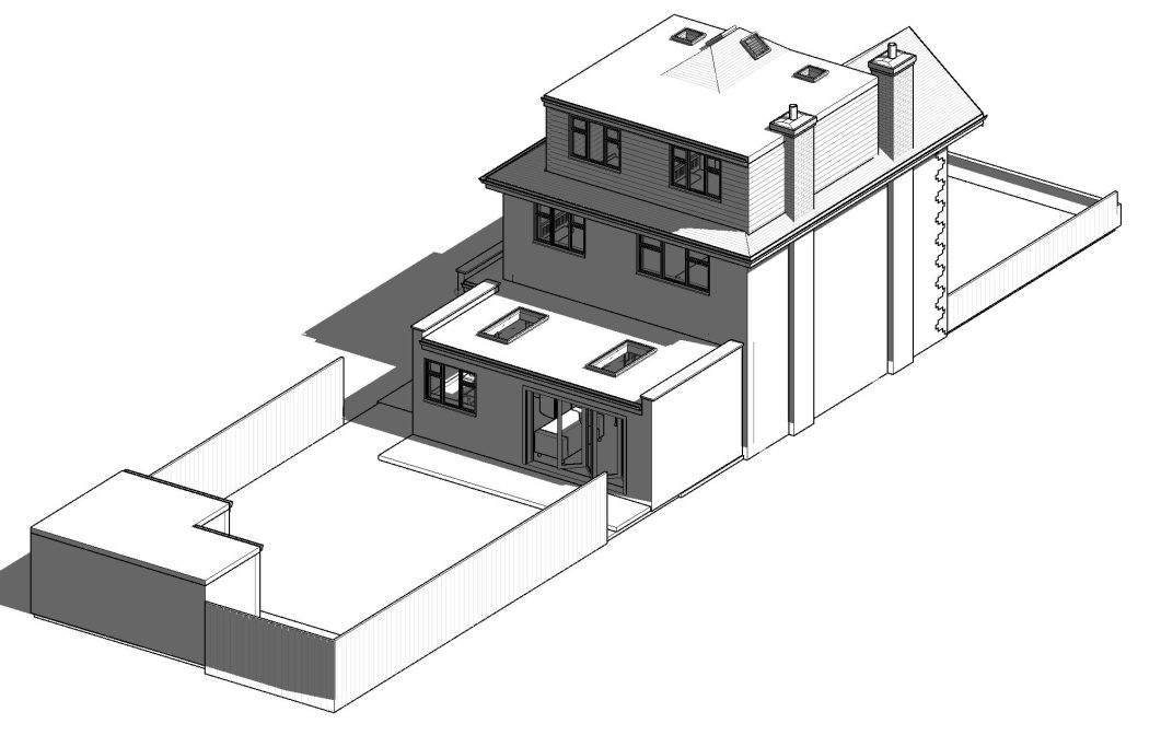 Proposed 3D View 02 3D architectural rendering of a two-storey house with a garden.