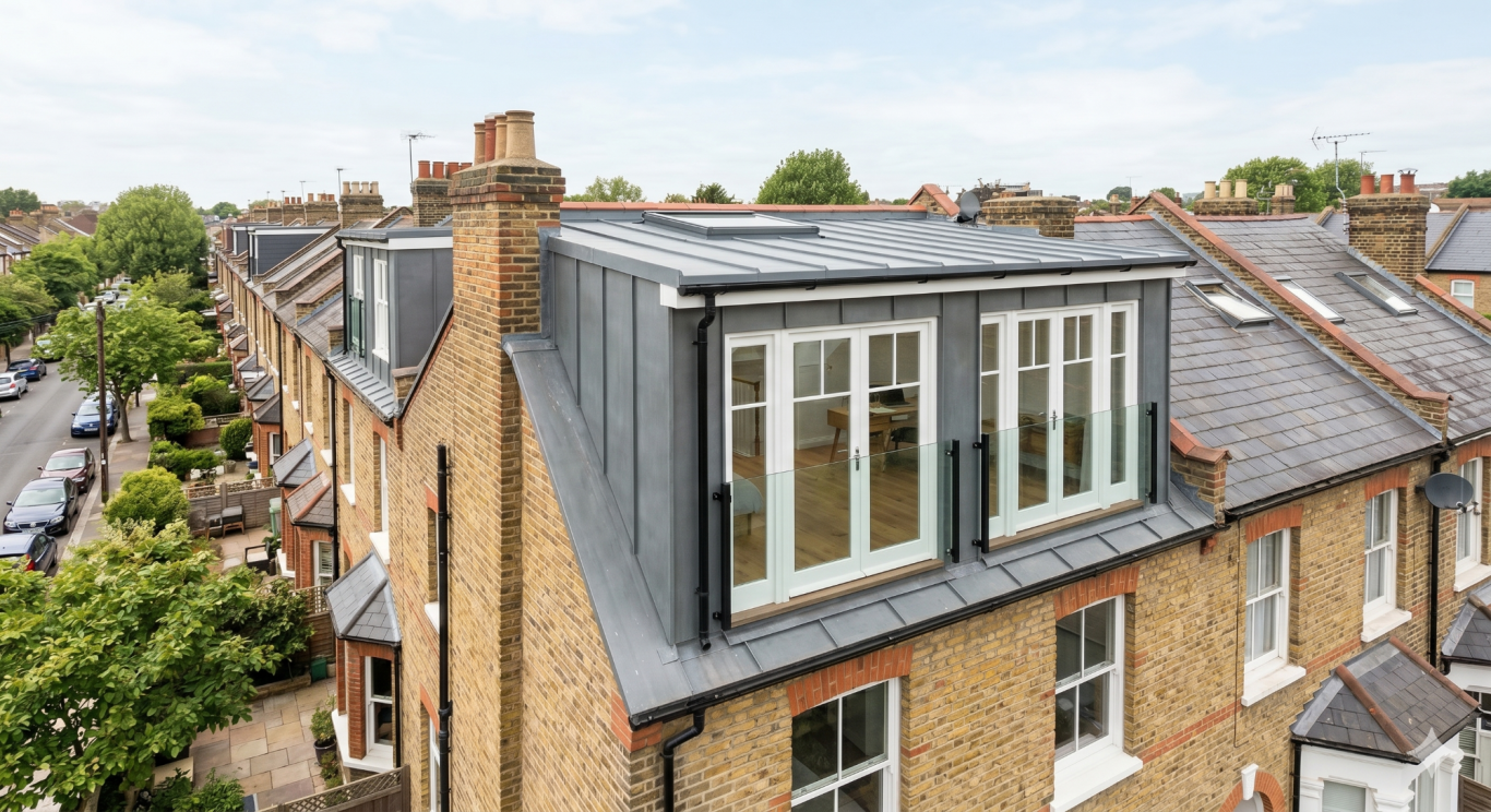 Zinc Standing Seam Modern loft conversion on a brick house with large windows and a sleek grey roof.