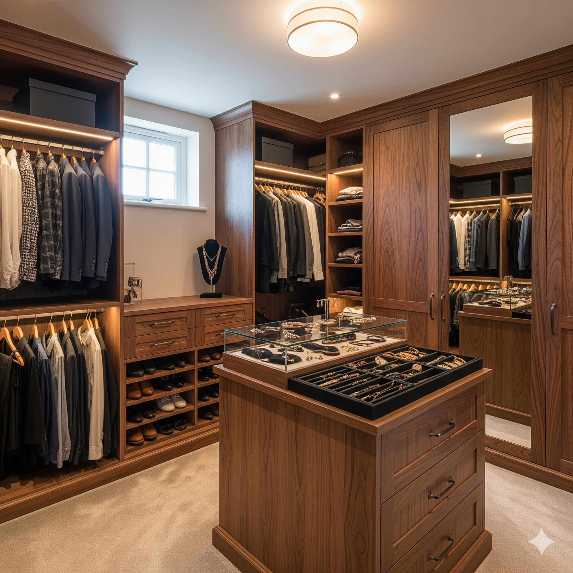 Bespoke Joinery Spacious wooden wardrobe with neatly arranged clothes and a centre island for accessories.