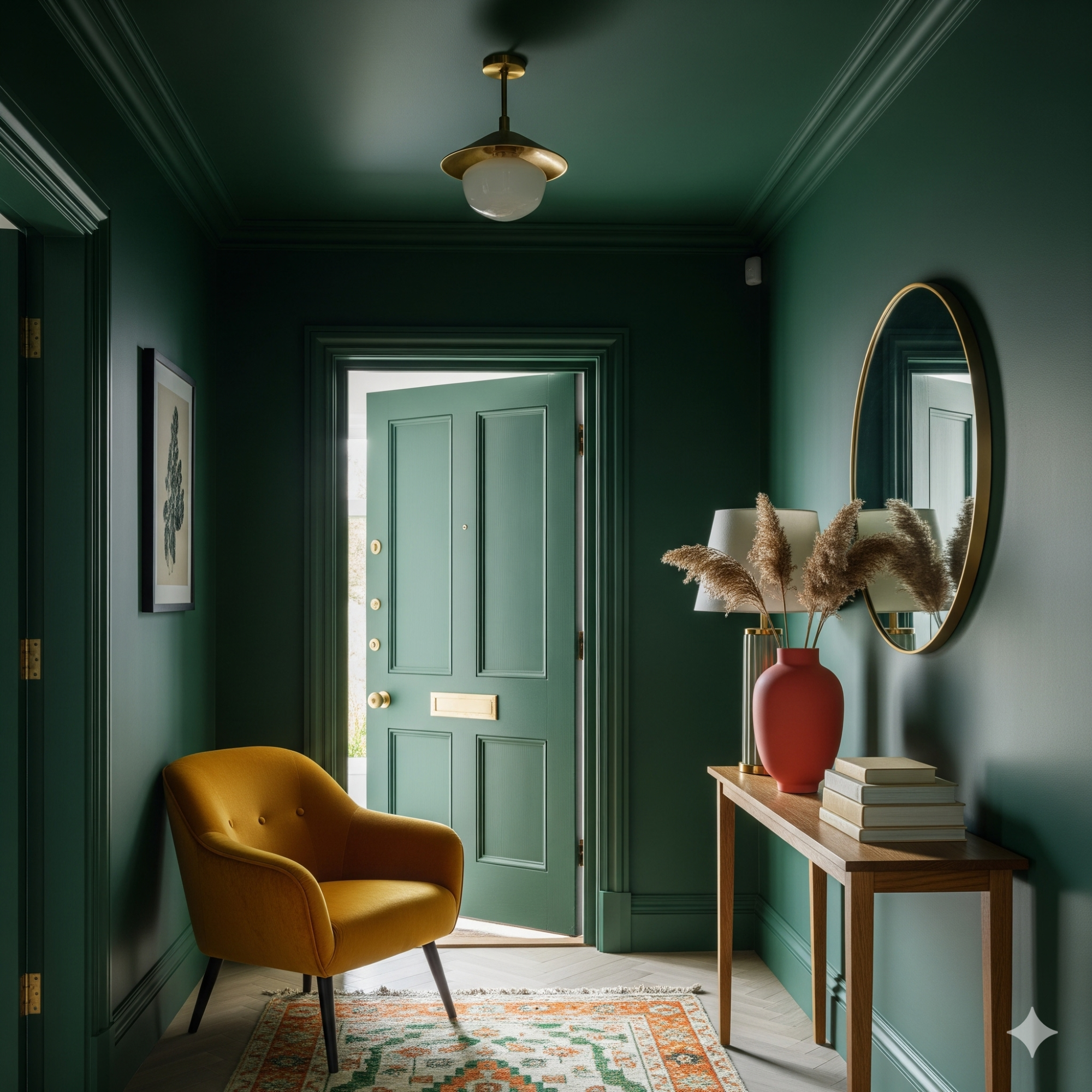 Colour Drenching A stylish hallway with a green wall, yellow chair, and decorative furnishings.
