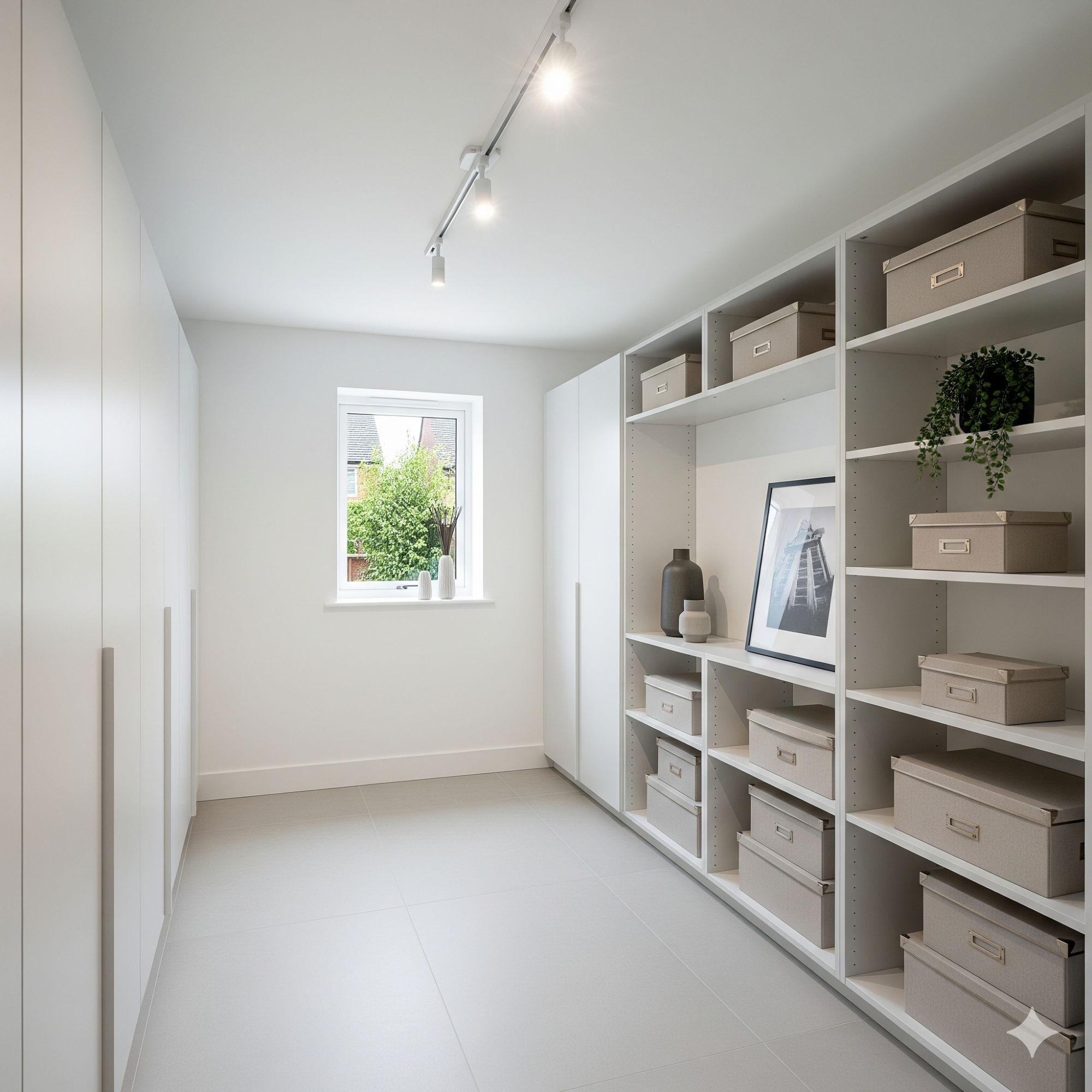 Modern & Minimalist Bright, minimalist room featuring storage shelves and a window with greenery outside.