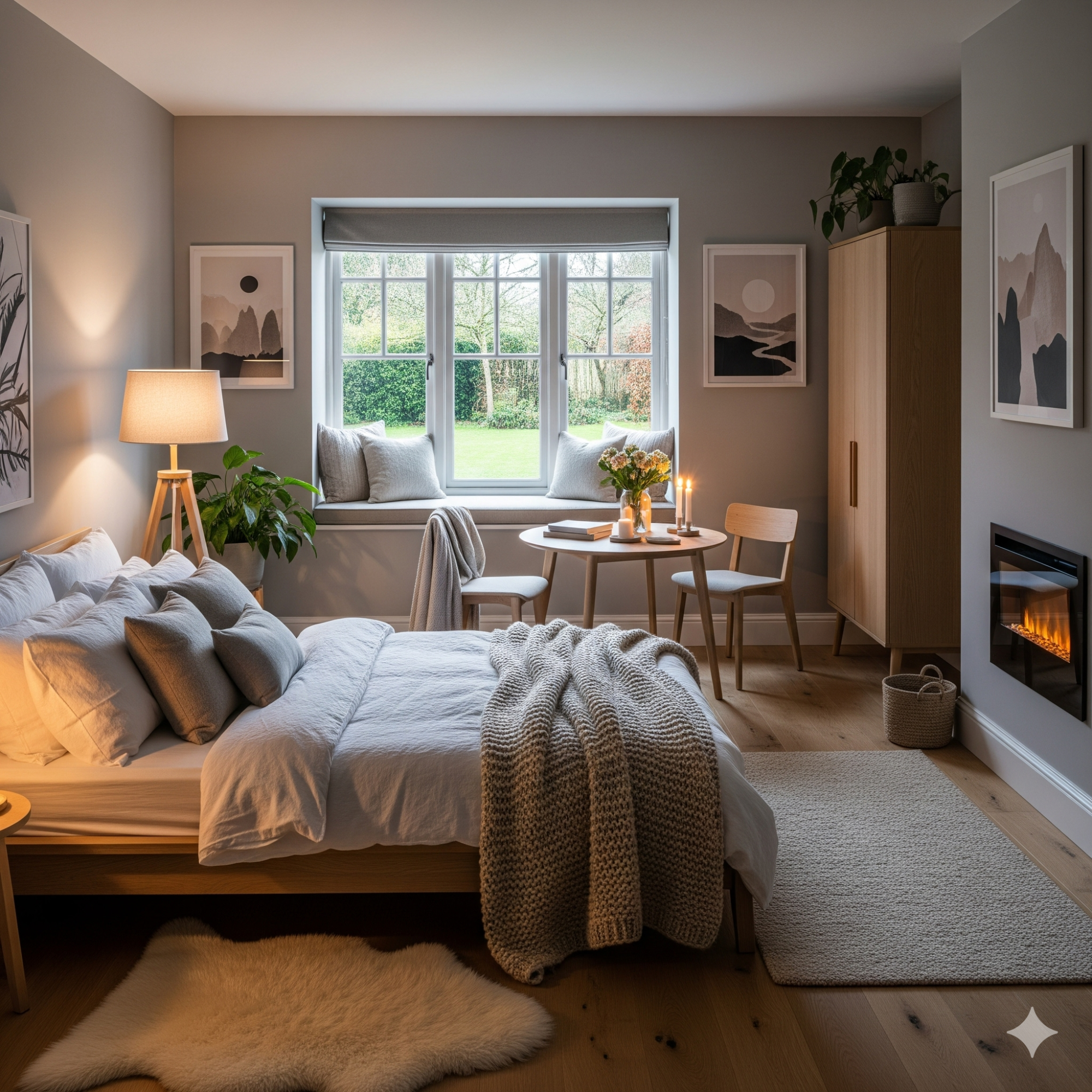 Scandinavian Hygge Retreat Cozy bedroom with a double bed, seating area, and natural light from a large window.