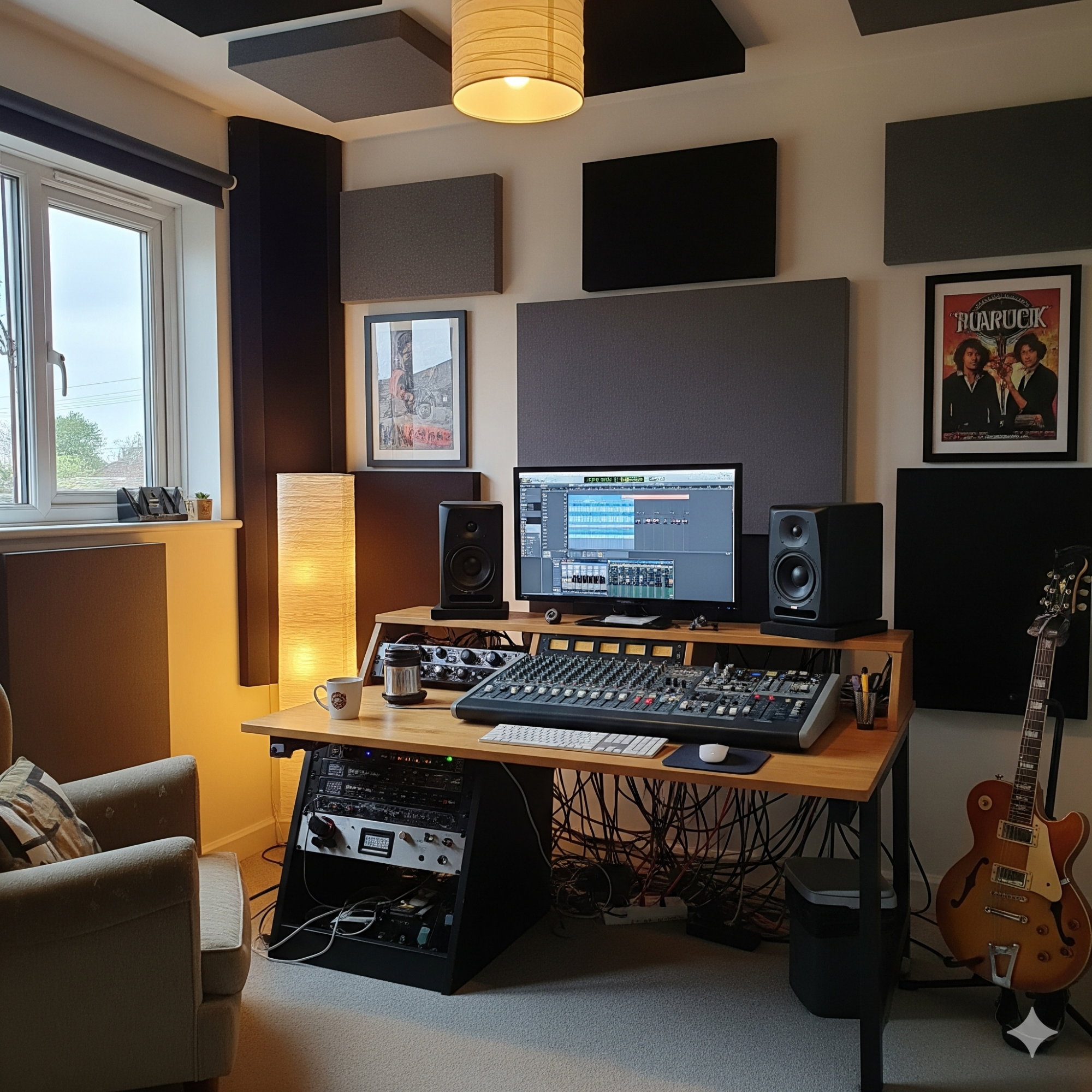 The Music Production - Recording Studio Home studio setup with a computer, mixing equipment, guitar, and warm lighting.
