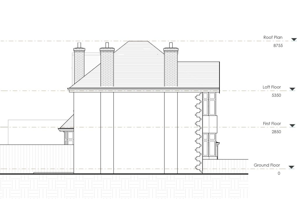 Existing Side Elevation Side elevation of a two-storey house with chimneys and a staircase at the rear.