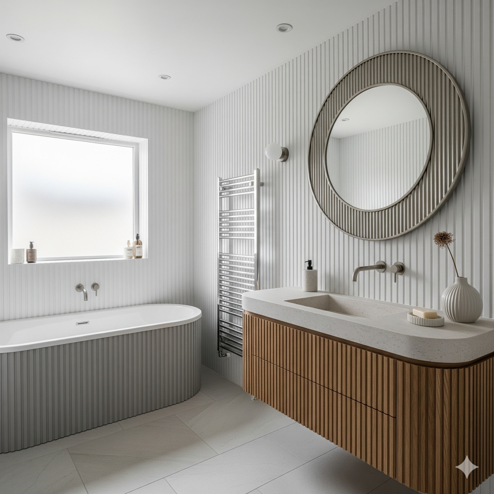 Fluted and Ribbed Details Modern bathroom featuring a freestanding bathtub, wooden vanity, and round mirror.