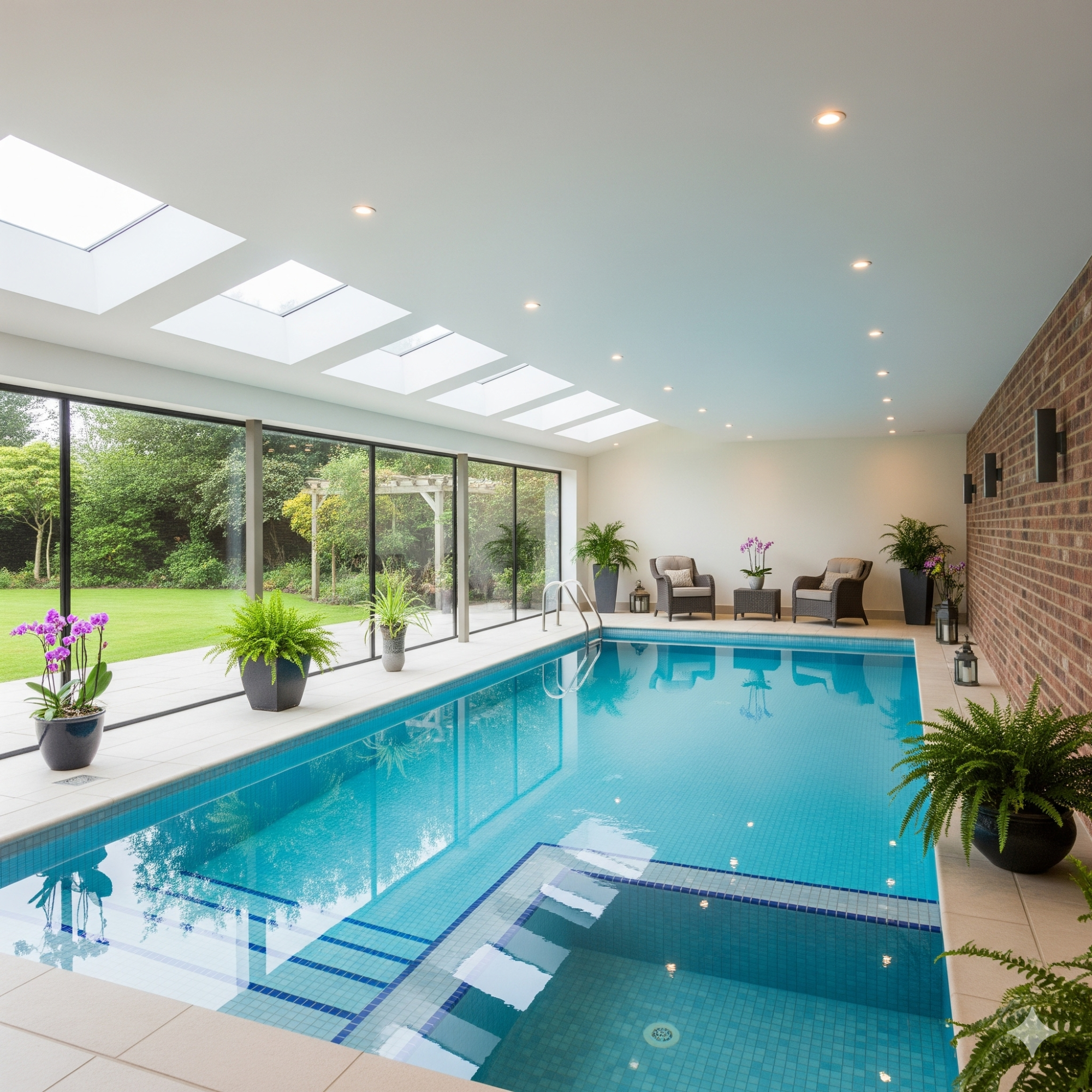 Indoor Indoor swimming pool with glass walls, surrounded by lush greenery and potted plants.