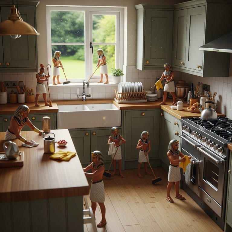 UK internal kitchen Miniature figures dressed as housemaids cleaning a stylish kitchen filled with modern appliances.