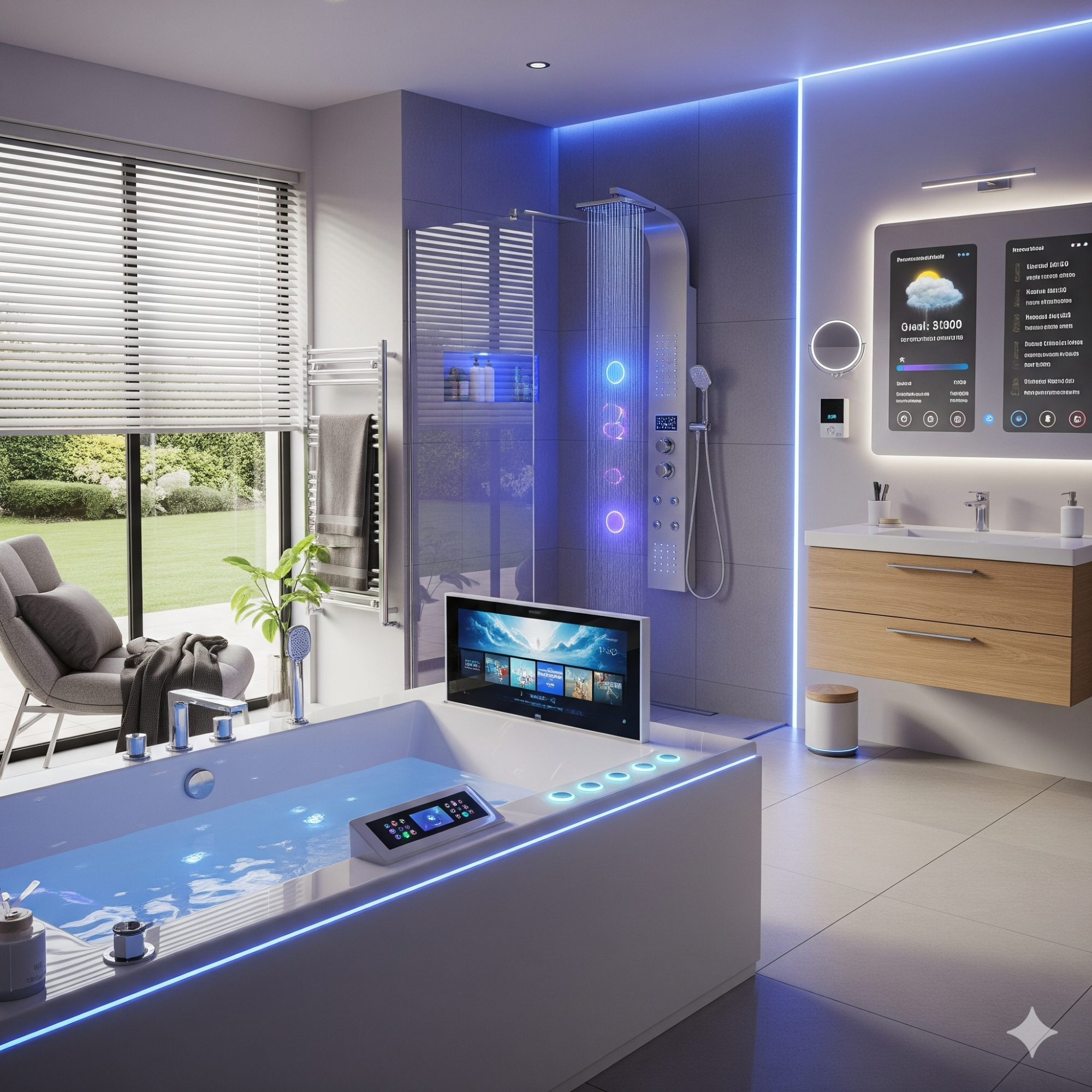 Smart Technology Modern bathroom featuring a smart tub, shower, and sleek cabinetry with ambient lighting.