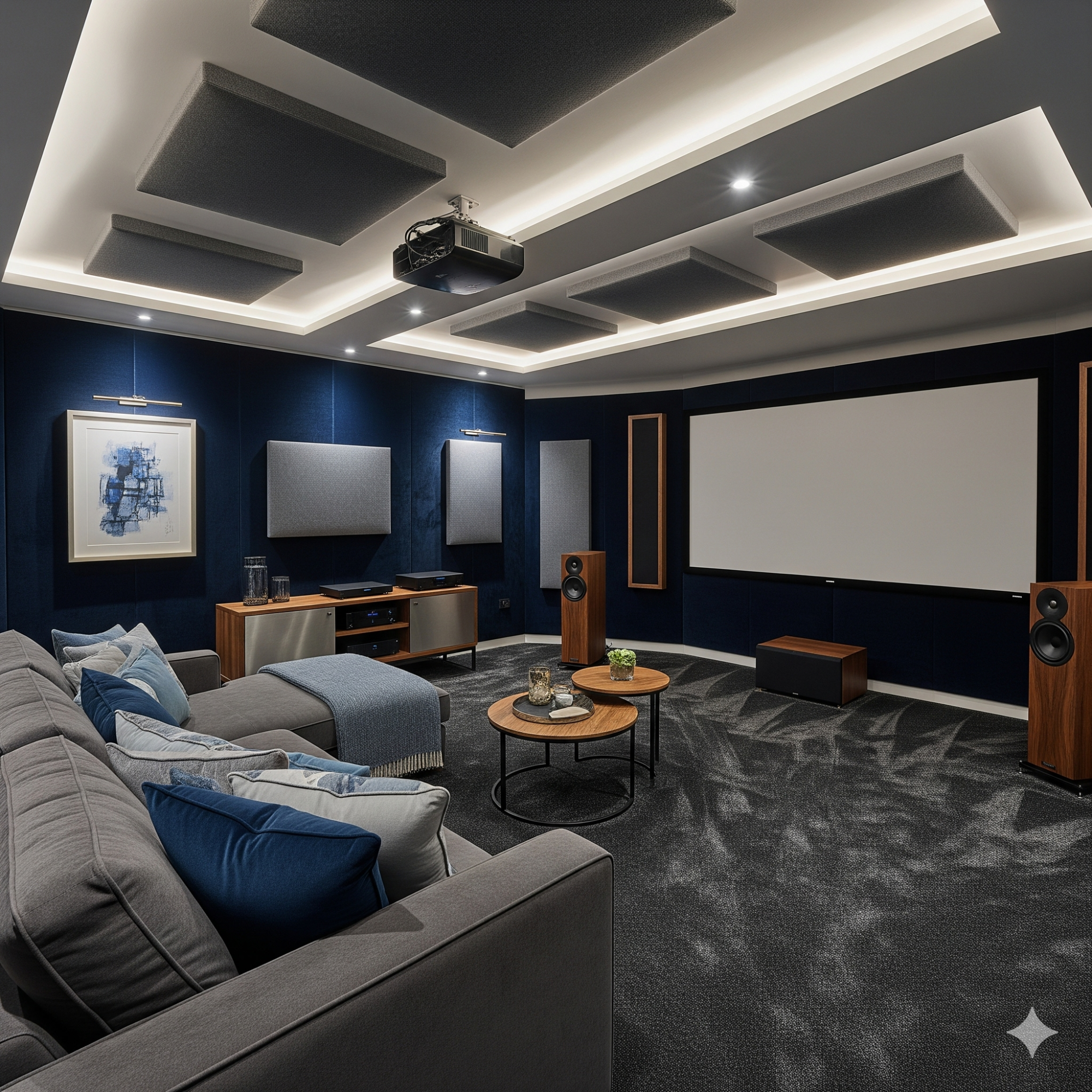 Soundproofing A modern home cinema with grey seating, a large screen, and stylish decor.