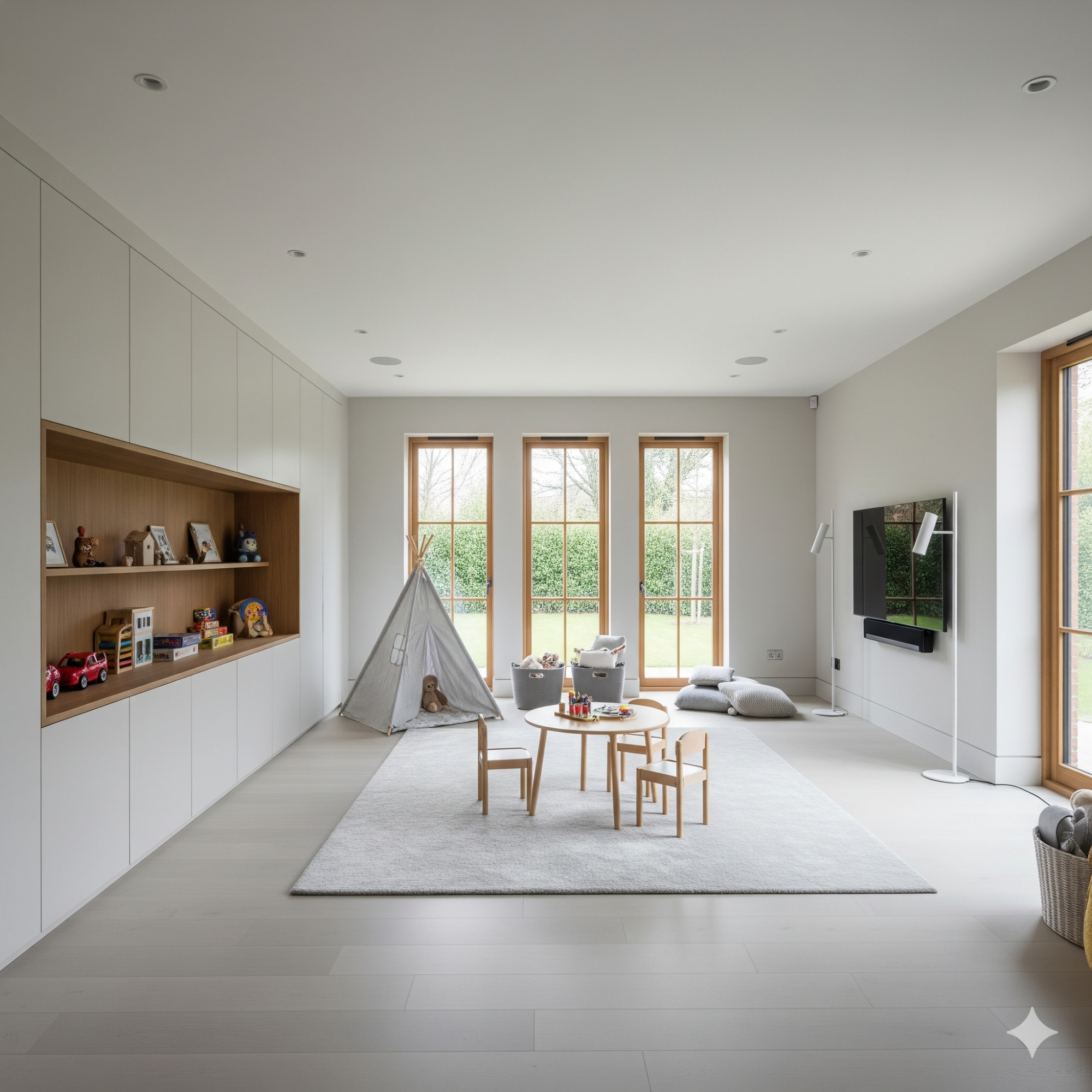 The Modern & Minimalist A bright modern living room with a play area, wooden furniture, and large windows.