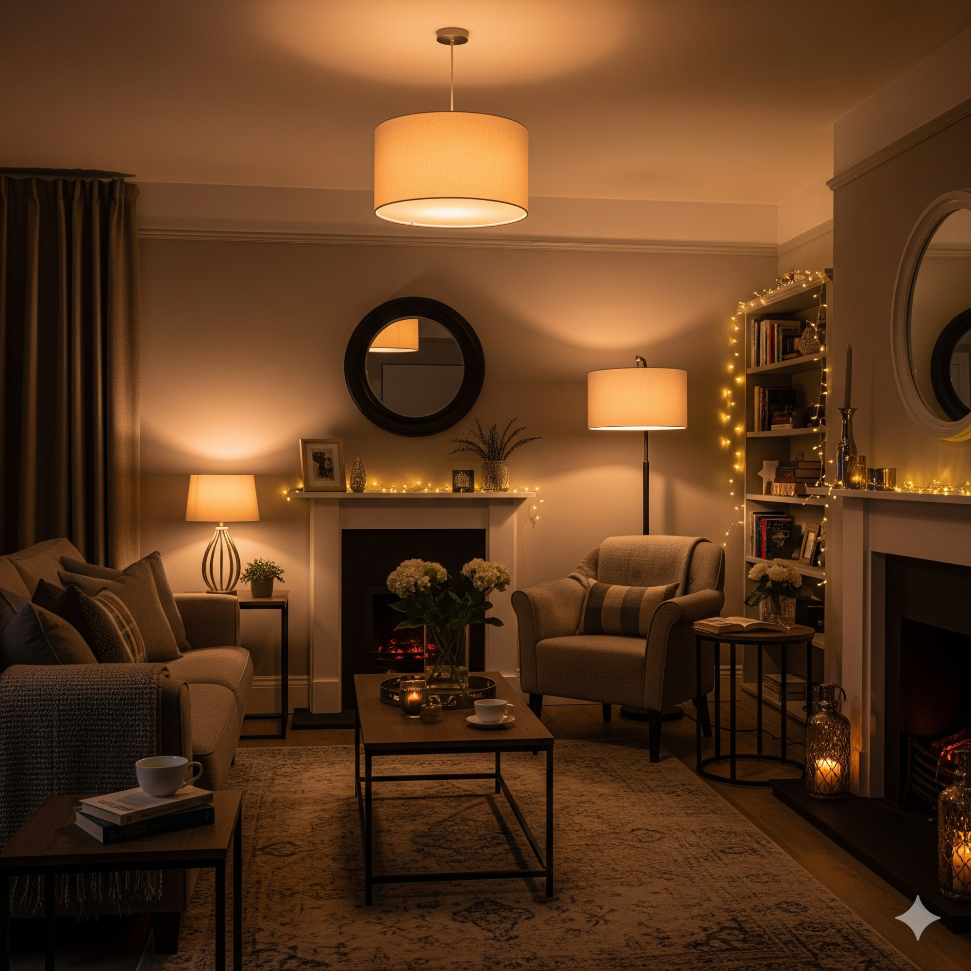 Layered Lighting Cozy, dimly lit living room with comfortable seating and decorative lighting.