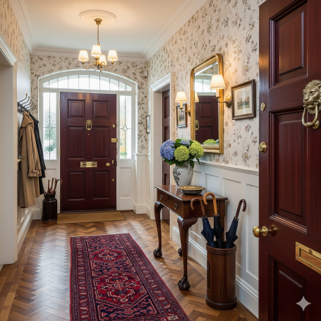 UK Entrance Spacious hallway with a wooden table, floral wallpaper, and a red rug.