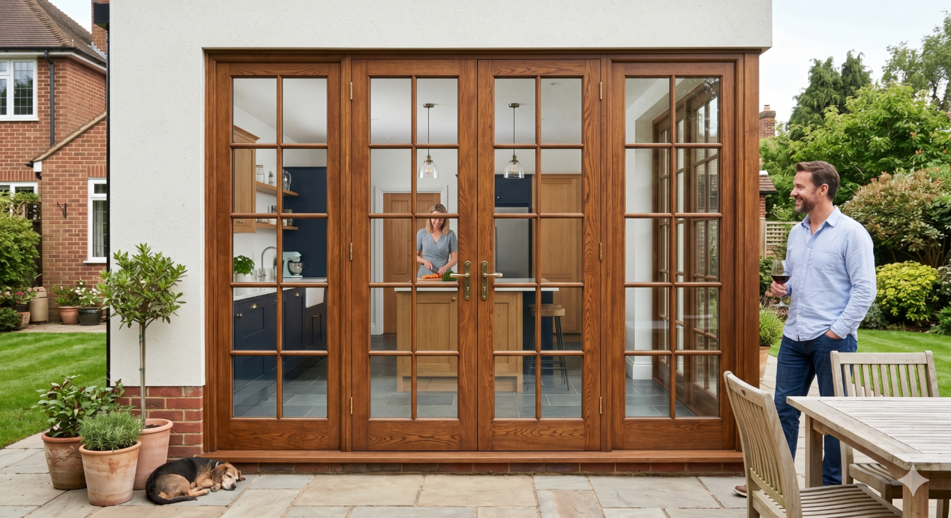 French Doors A wooden-framed double door leads to a kitchen, with a man and dog outside.