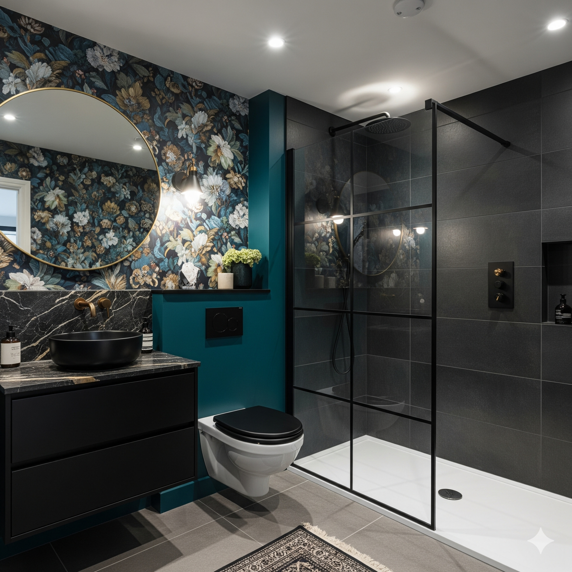 Bold & Dramatic Modern bathroom with floral wallpaper, glass shower, black fixtures, and stylish decor.