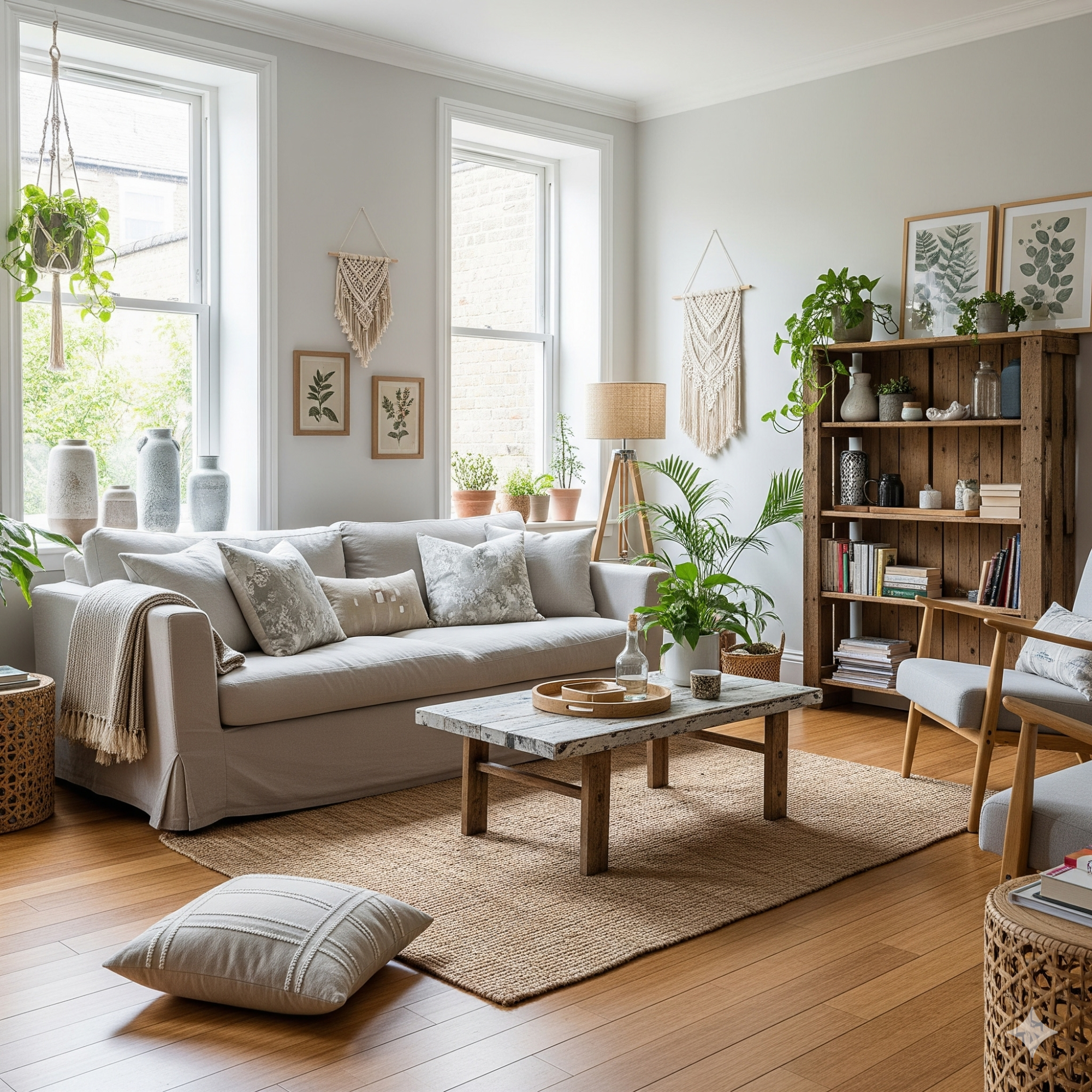 Sustainable Materials Bright and airy living room with plants, a sofa, coffee table, and wooden shelves.
