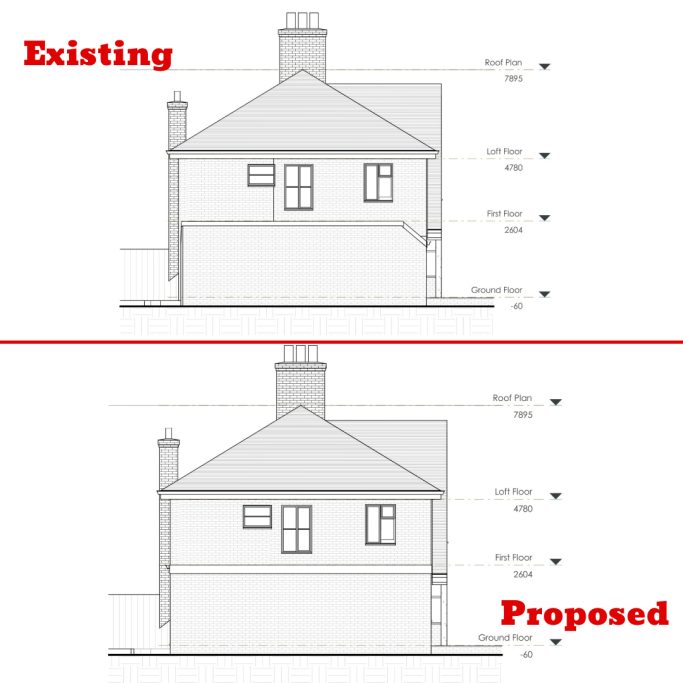 Existing and proposed Side elevation Side elevation drawings comparing existing and proposed house designs.