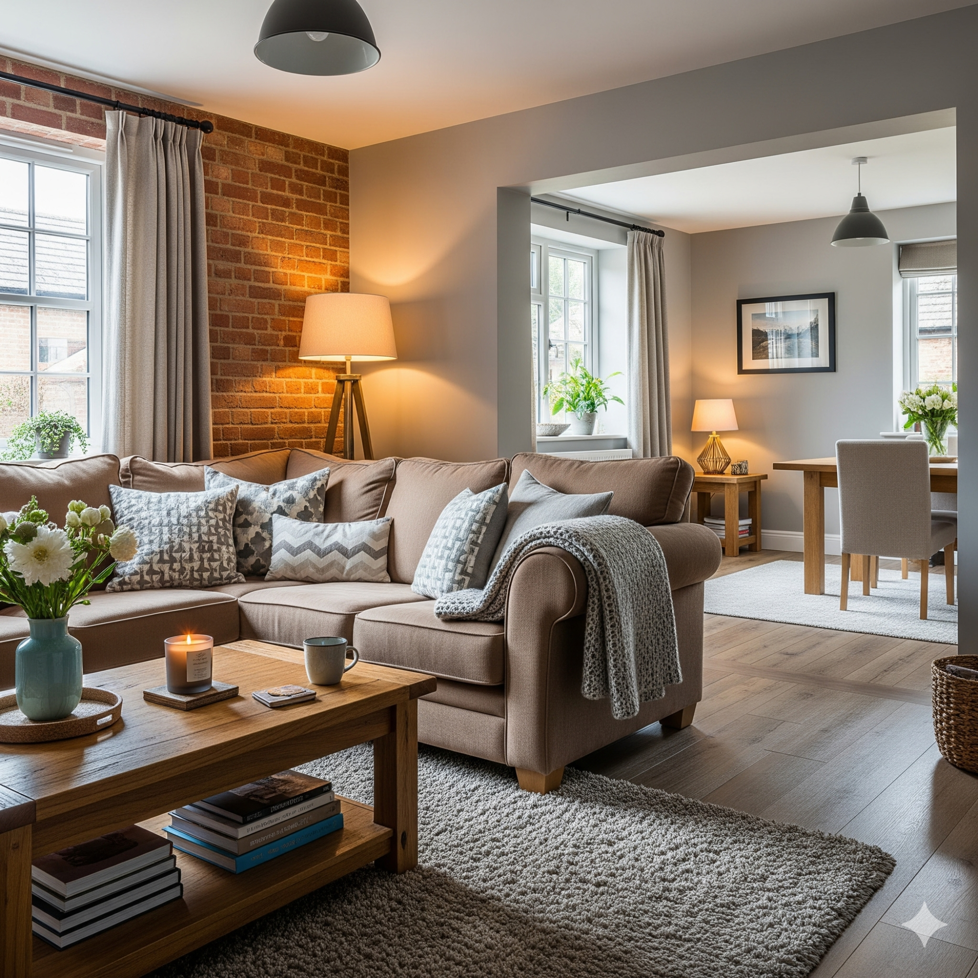 Broken-Plan Living Cosy living room featuring a sofa, coffee table, and dining area with natural light.