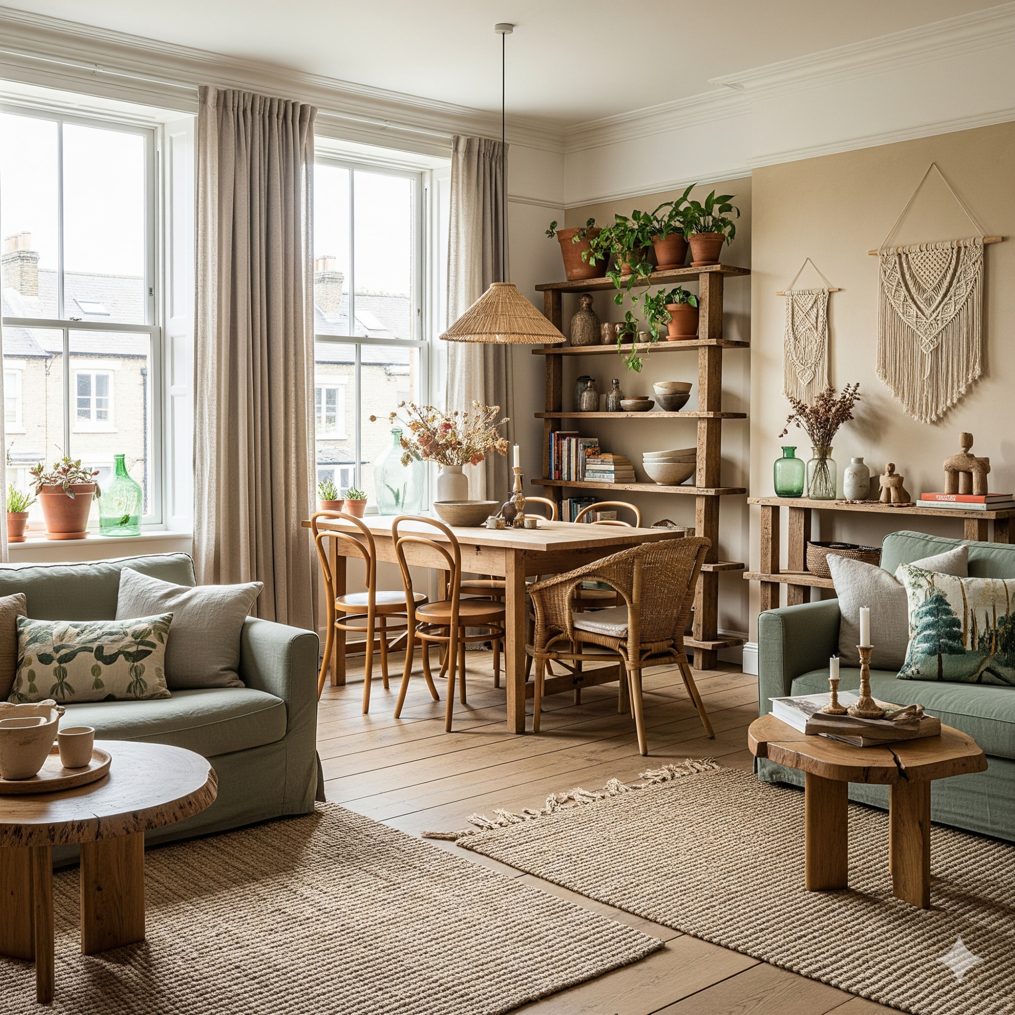 Natural and Sustainable Materials Bright, cosy living room with wooden furniture, plants, and soft textiles.