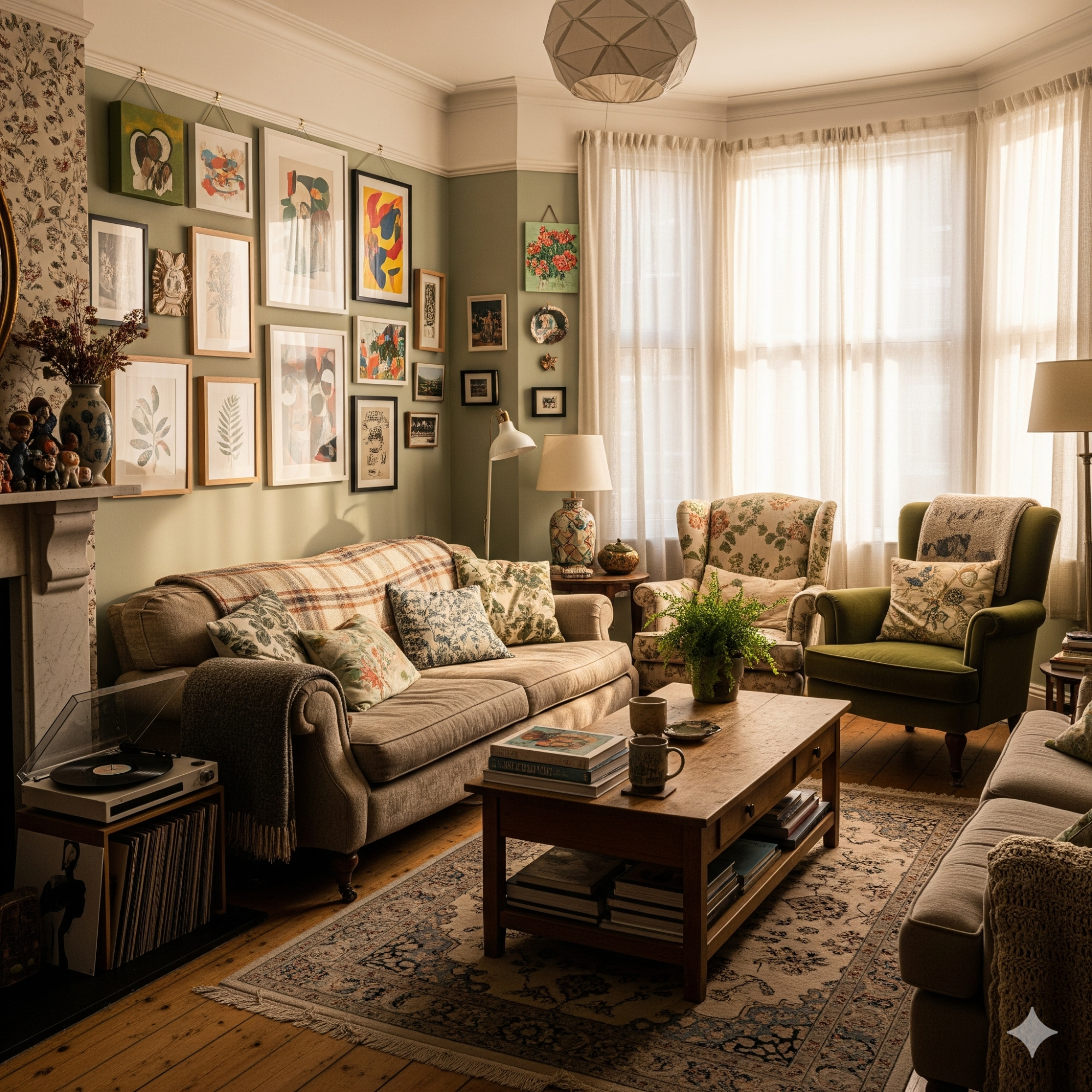 The Eclectic & Personalised Lounge A cosy living room with a mix of artwork, plants, and comfortable seating.