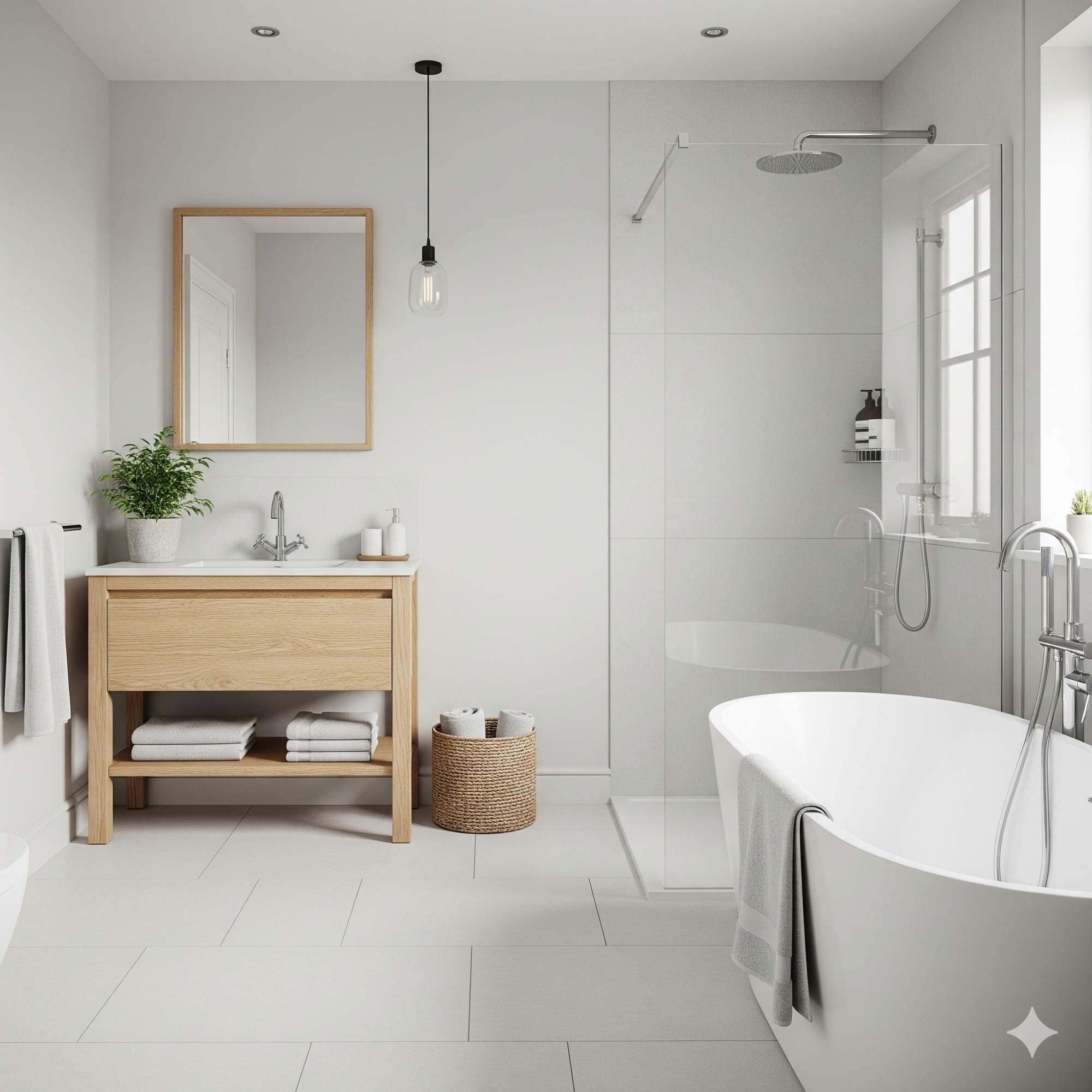 Scandinavian (Scandi) Modern bathroom with a freestanding bath, wooden vanity, and minimalist design.
