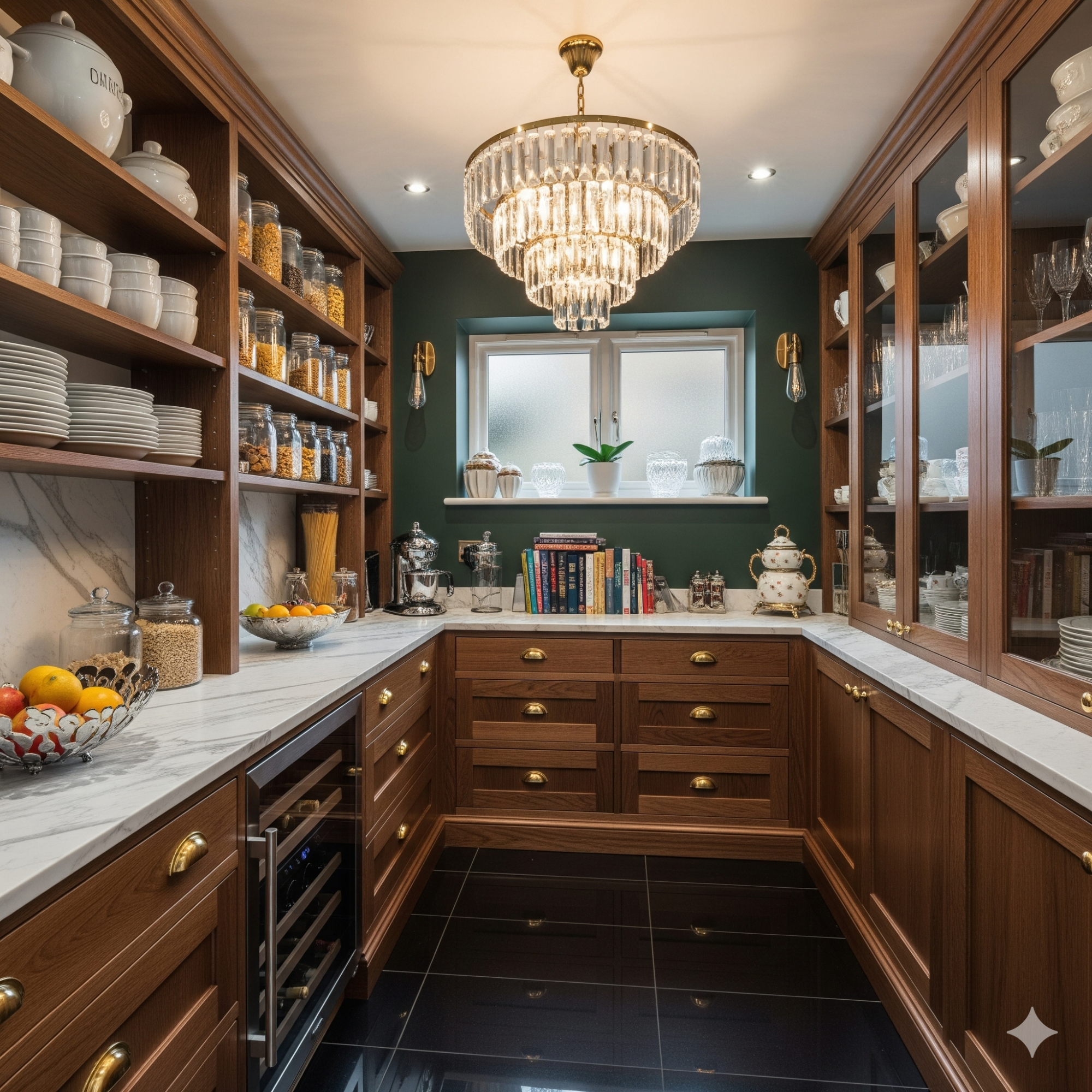 Glam Pantry Elegant kitchen with wooden shelves, marble countertops, and a chandelier.