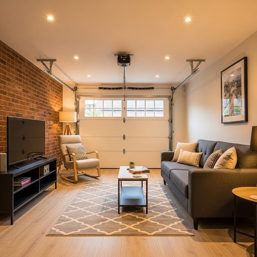 Modern garage conversion with a sofa, armchair, coffee table, and TV, featuring brick walls.
