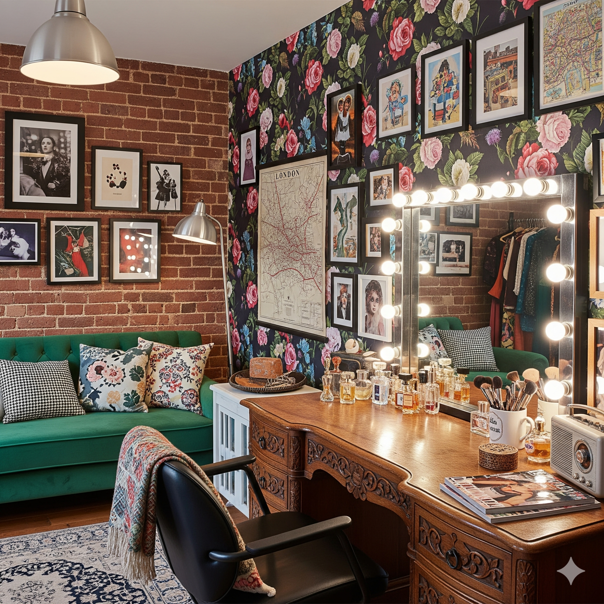 Eclectic & Personalised Studio Stylish room with floral wallpaper, a green sofa, and a lit vanity mirror.