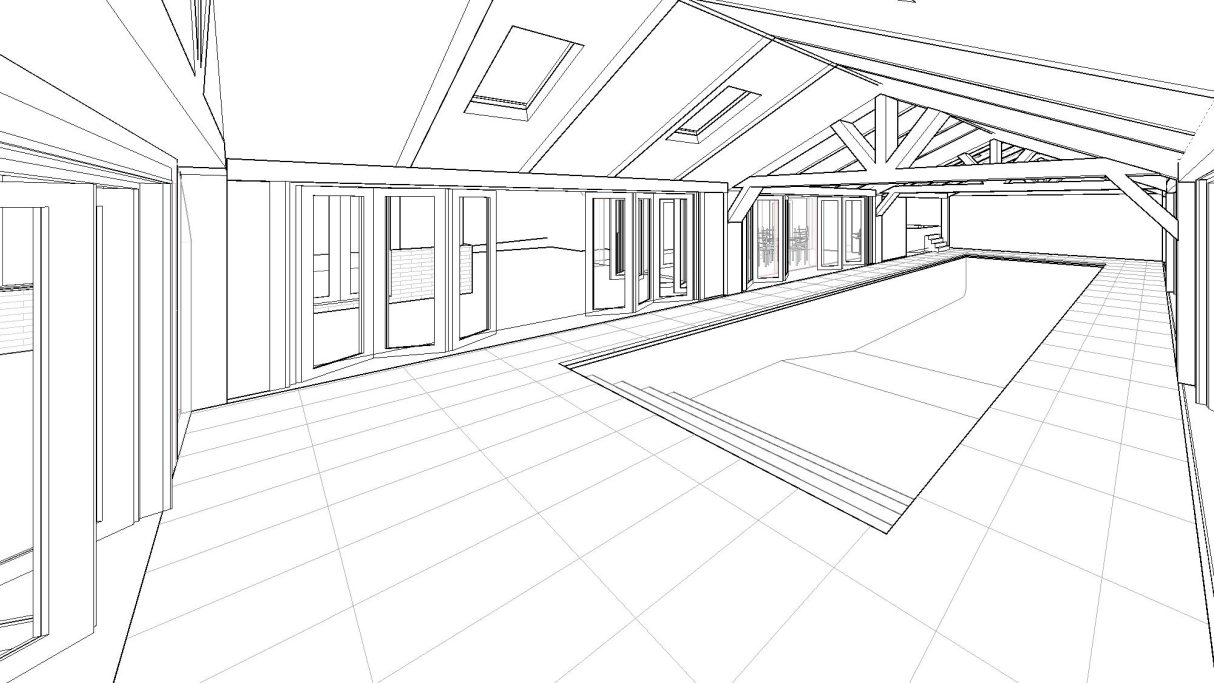 3D view 05 Line drawing of a spacious indoor swimming pool area with large windows and high ceilings.