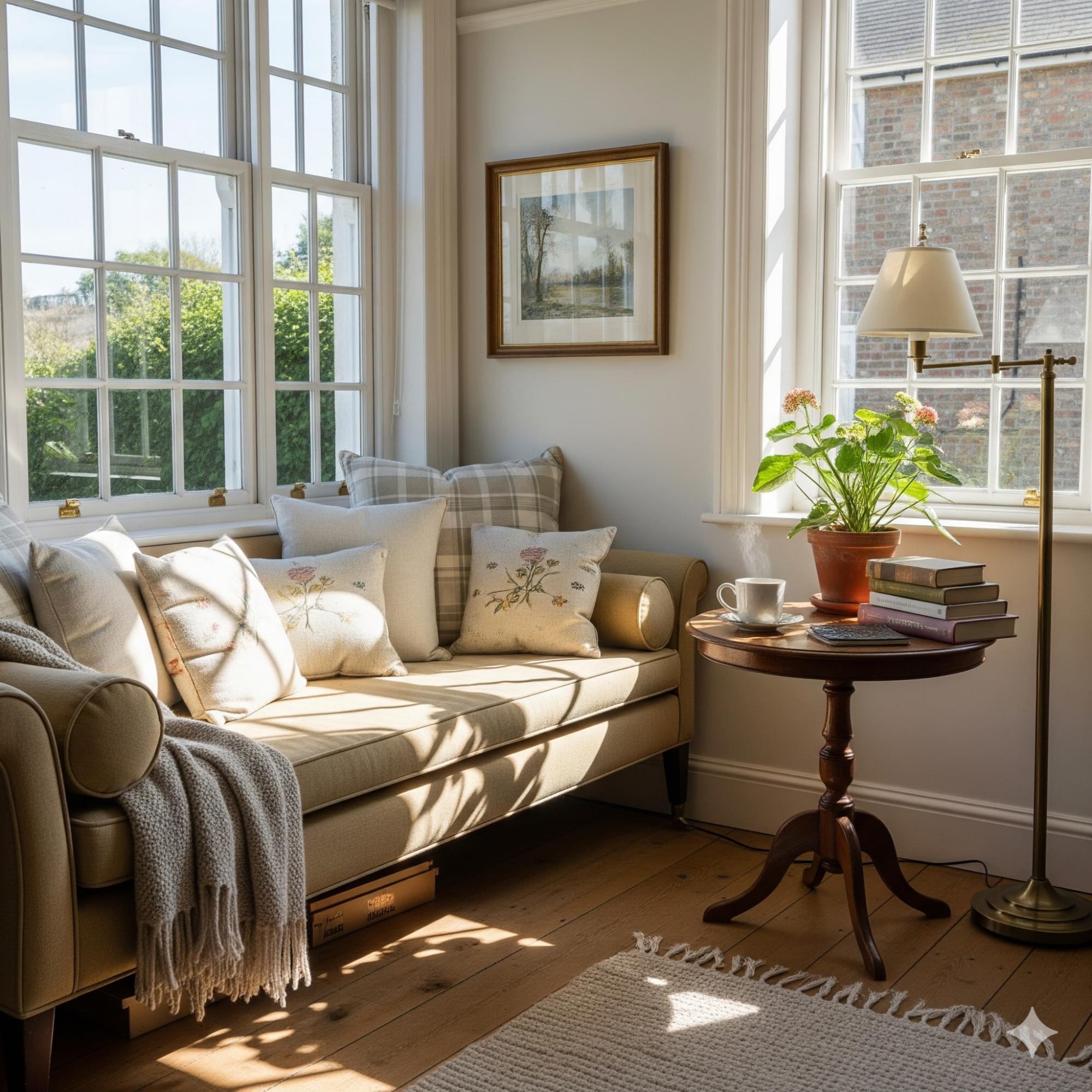 The Cosy Corner Cozy living room with a sofa, side table, lamp, and a potted plant by the window.