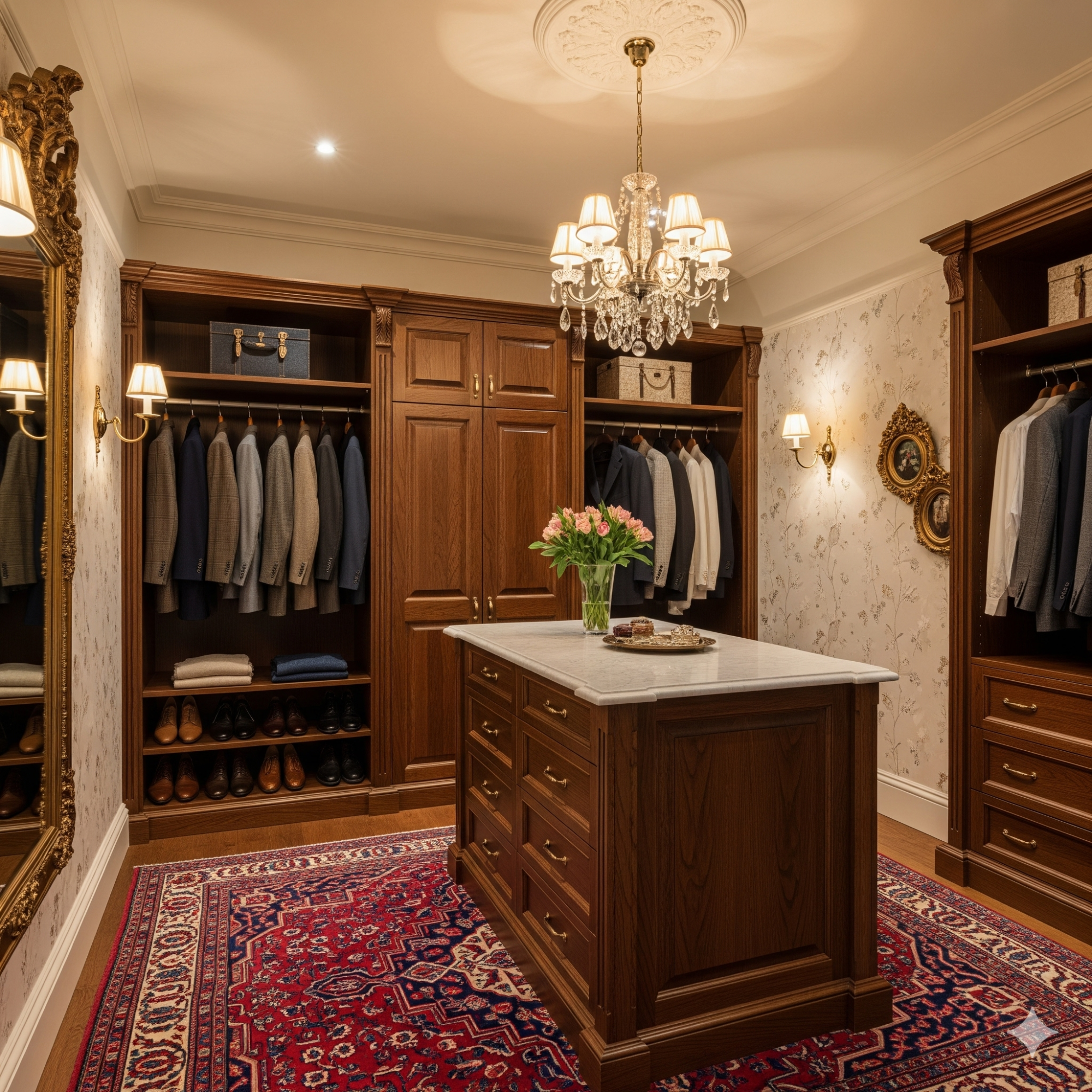 Classic & Traditional Elegant walk-in wardrobe with wooden cabinets, clothing, and a central marble-topped island.