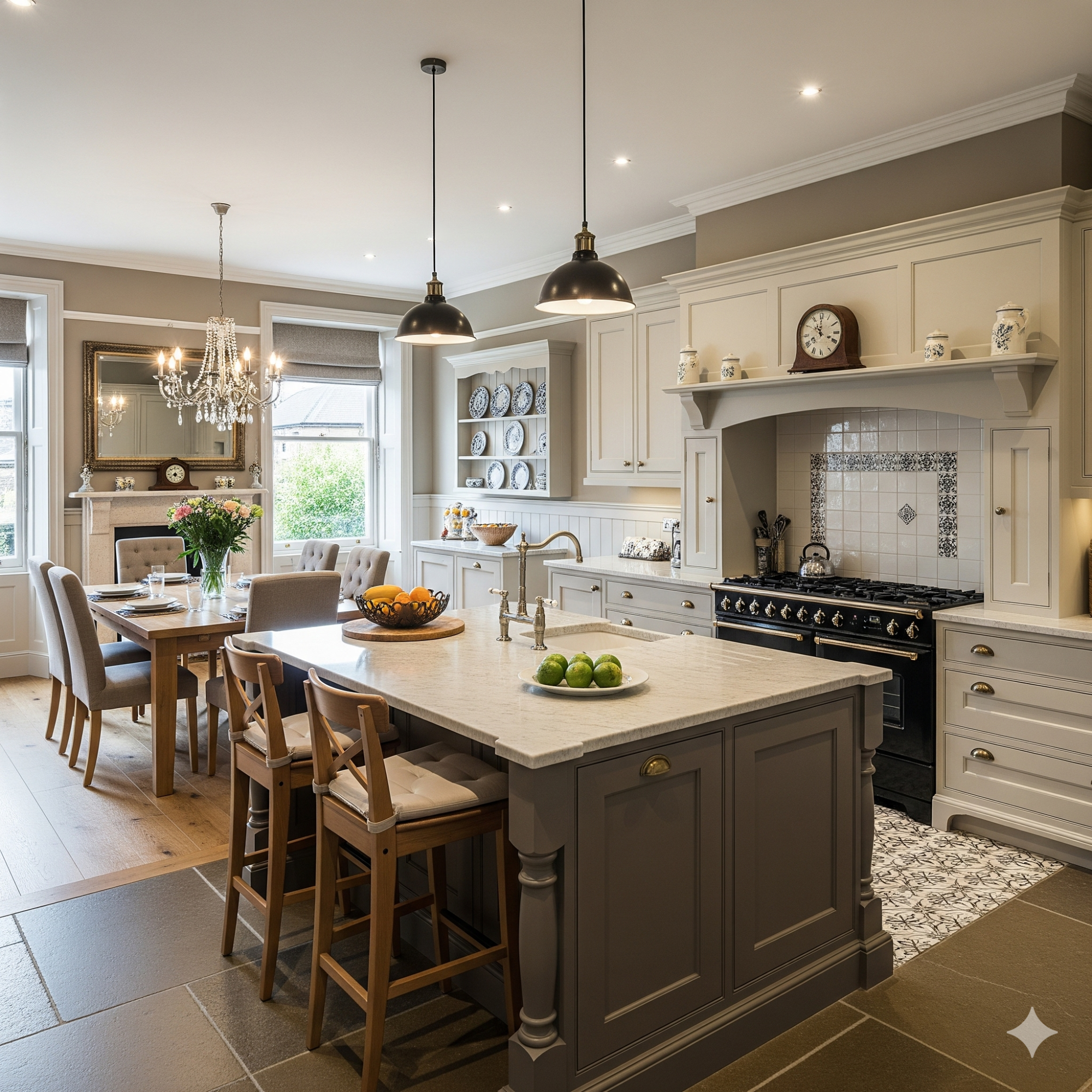 Classic & Traditional Modern kitchen with an island, dining table, and elegant decor in neutral tones.