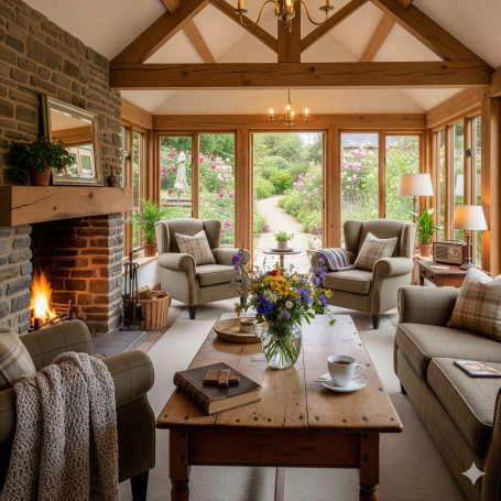 UK cosy garden room Cozy living room with a fireplace, sofas, a wooden table, and garden view.