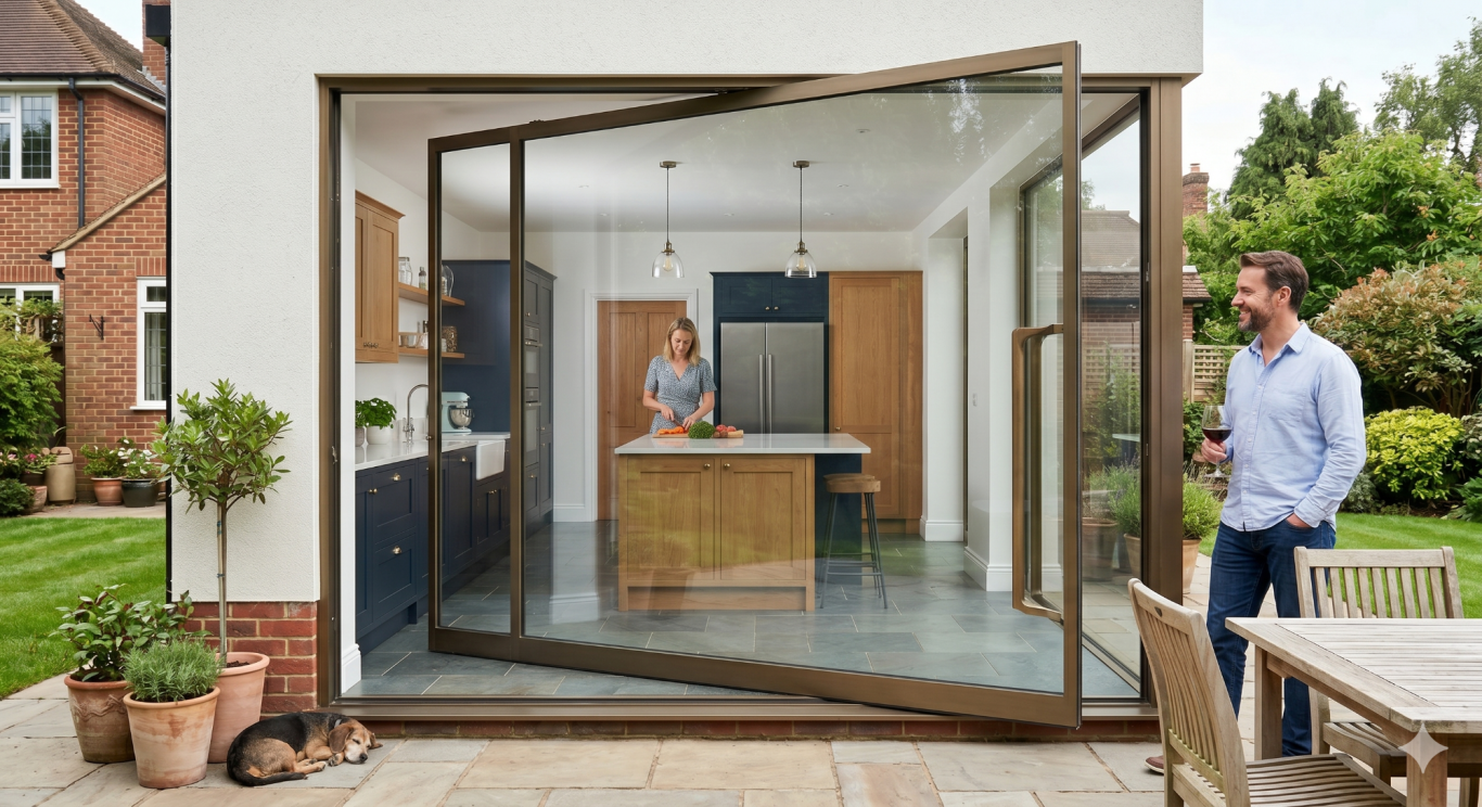 Pivot Door (Luxury) A man stands outside a large open bi-fold door, overlooking a modern kitchen.