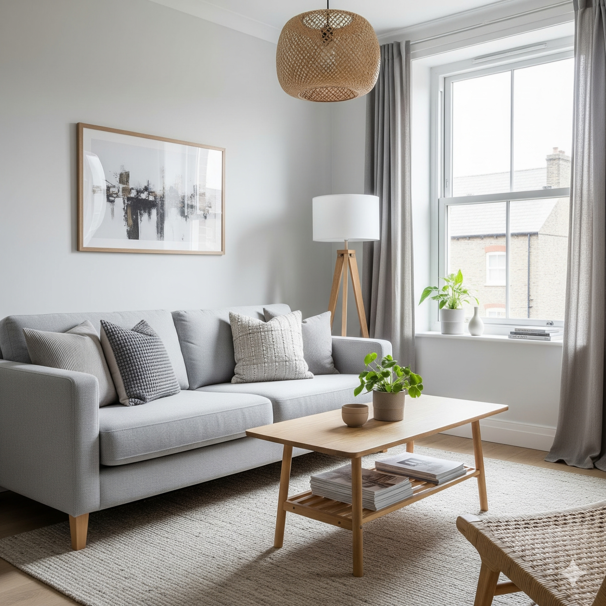 Scandinavian (Scandi) Cozy living room with a grey sofa, wooden coffee table, and large window with curtains.