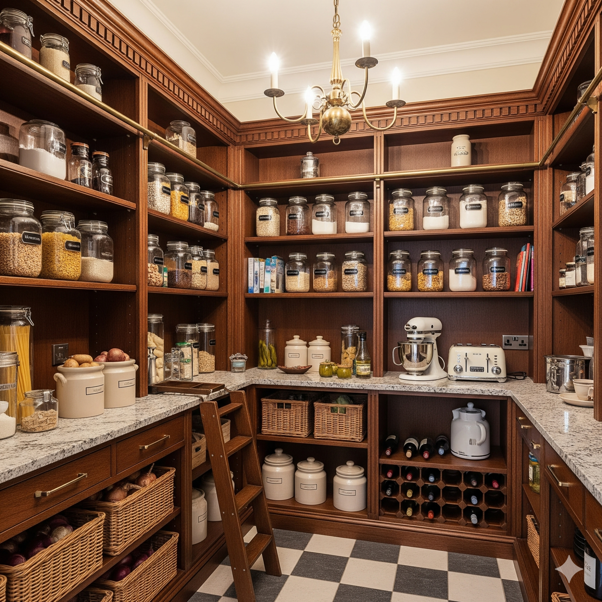 Classic & Traditional Walk-in A well-organised pantry with shelves of jars, baskets, and a checkered floor.