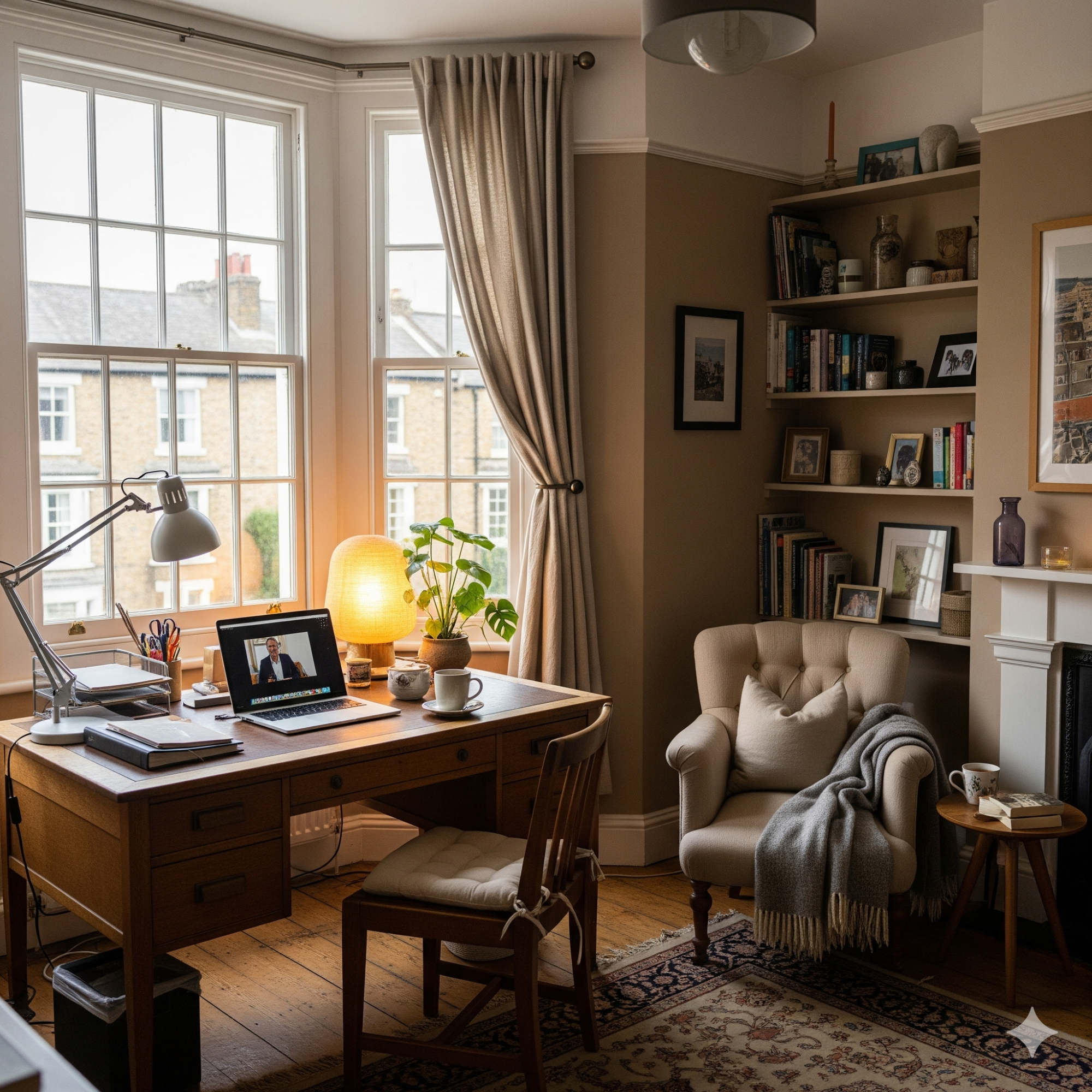 Warmth and Comfort A cozy study with a desk, chair, bookshelf, and soft lighting near a window.