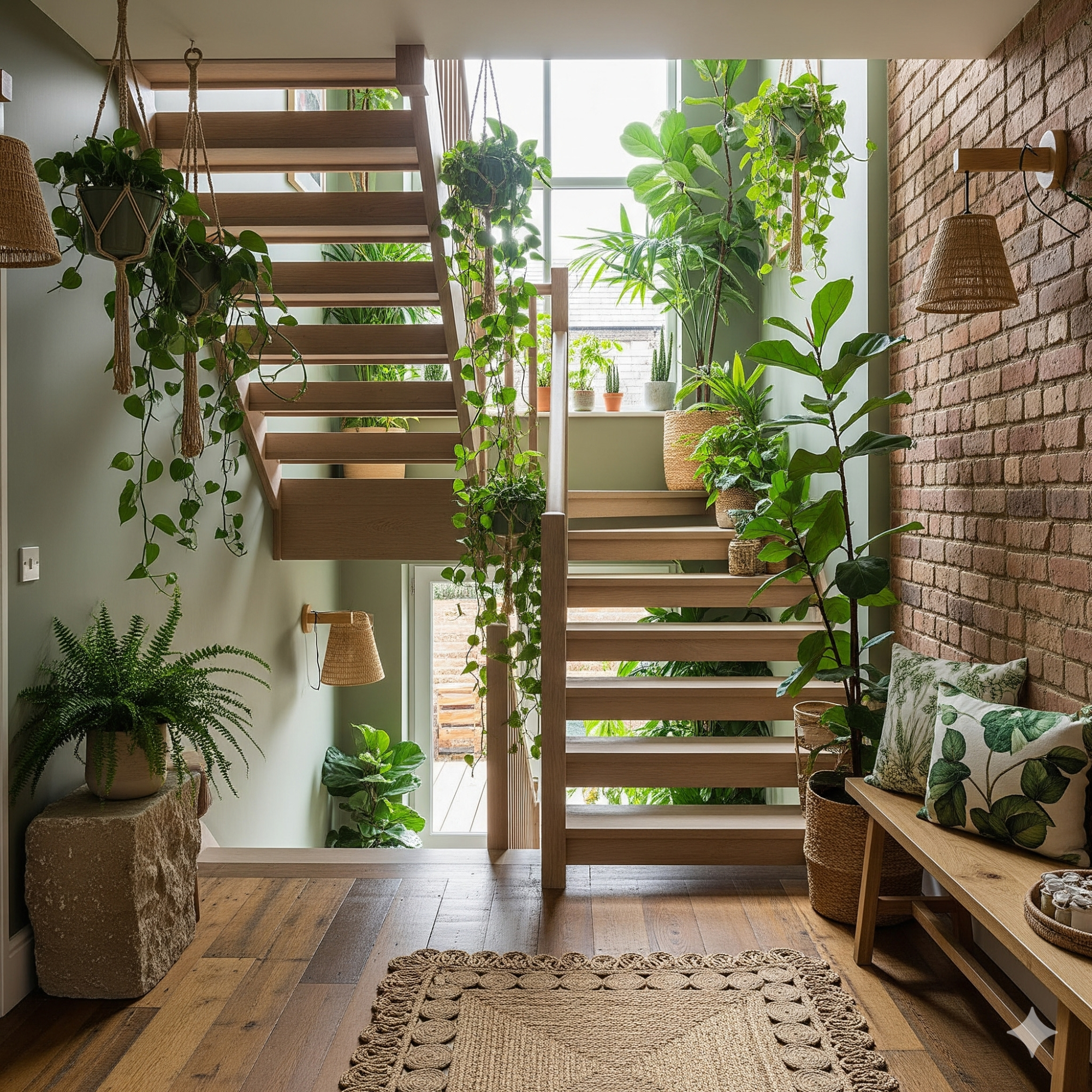 Biophilic Design Indoor staircase adorned with plants, wooden features, and cozy seating.