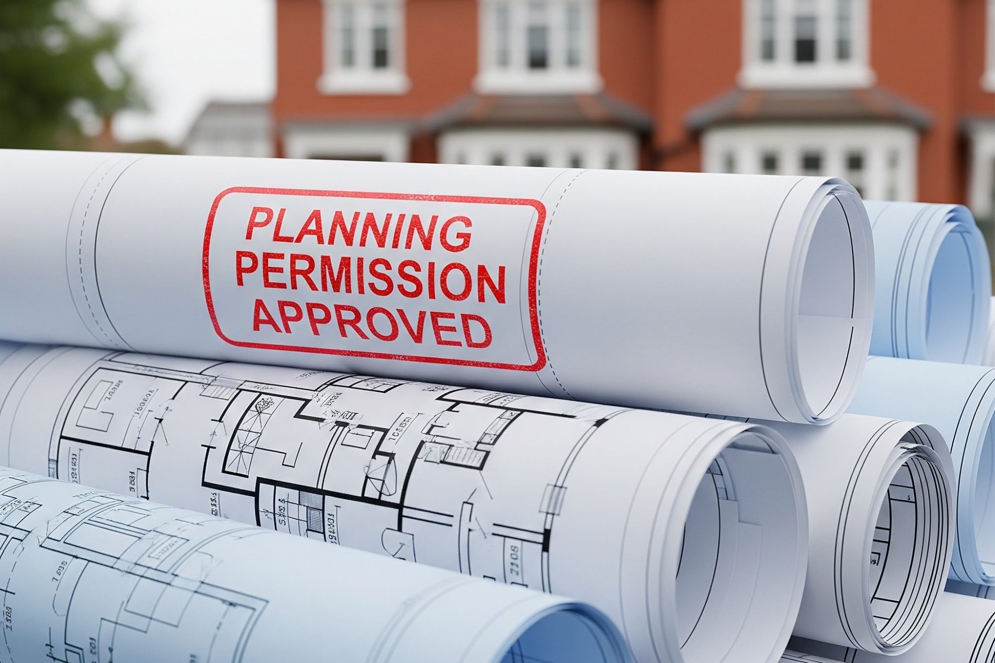 Planning permission A construction scene with brown bricks, a palette, and question mark cards.