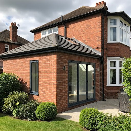 Modern extension of a house with large sliding doors overlooking a patio and garden.