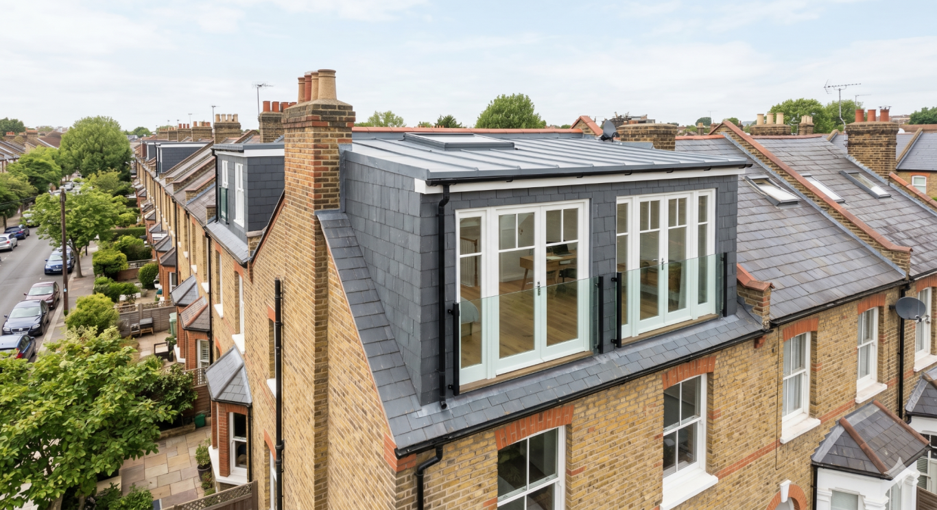 Mansard View of a residential building with a flat roof and dormer windows in a suburban setting.