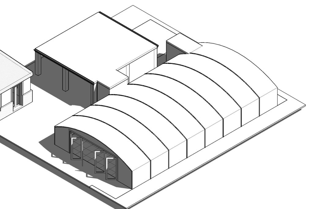 Existing 3D view Diagram of a building complex featuring a main structure and curved-roof extensions.